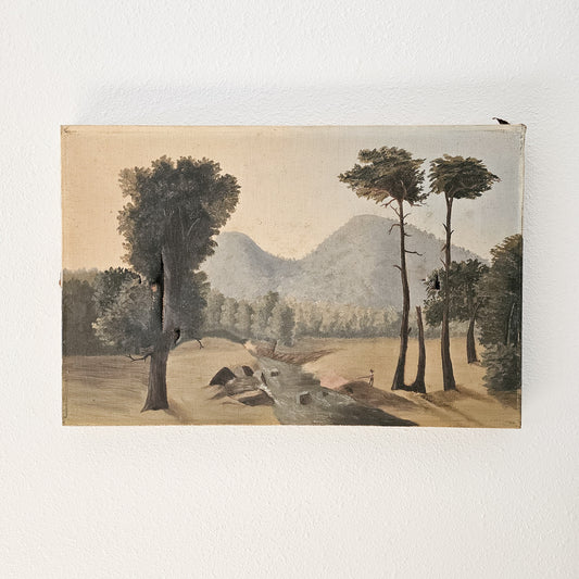 Antique Oil Painting – 19th-Century Pastoral Landscape with Trees and Stream