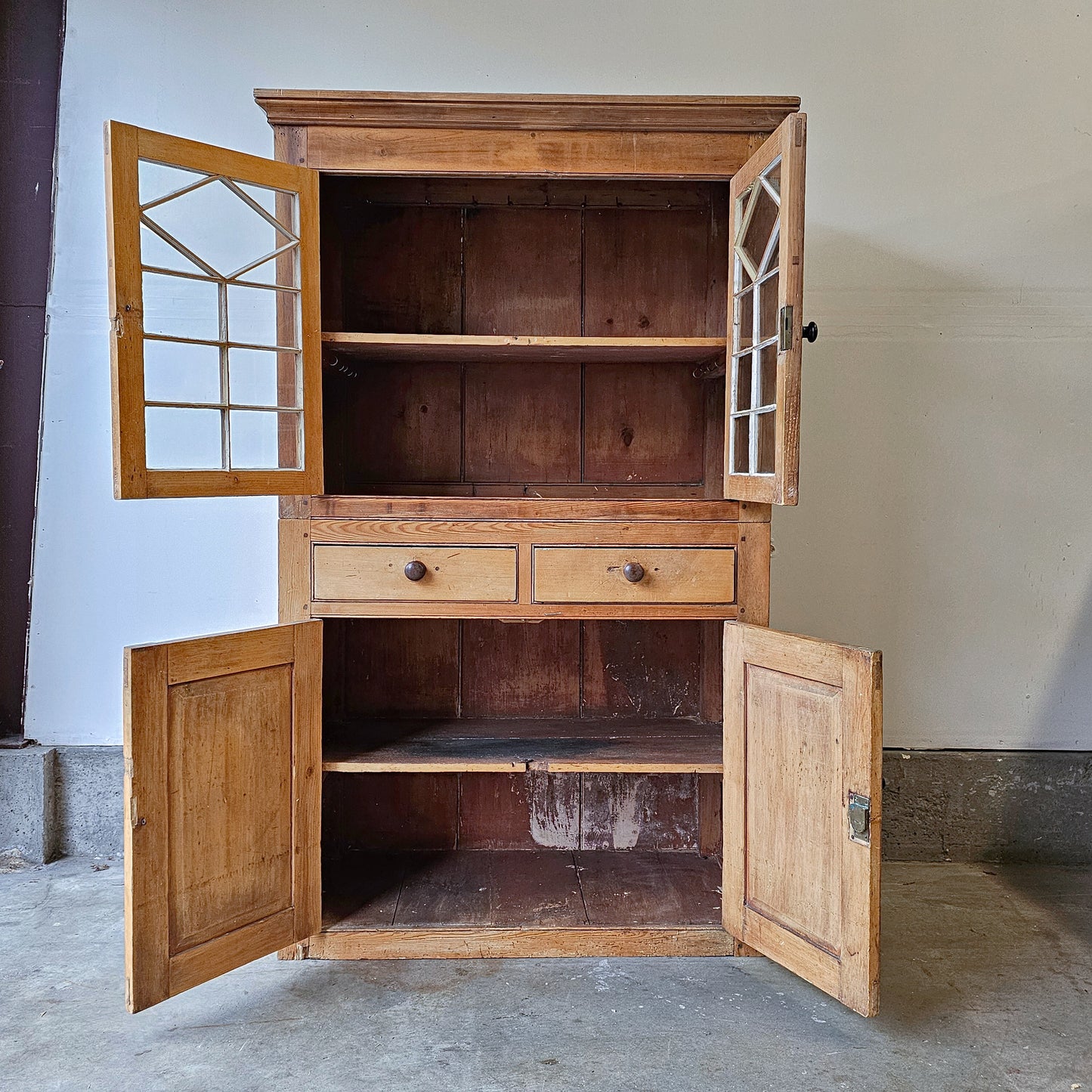 Antique English Pine Cupboard with glass doors - 1870