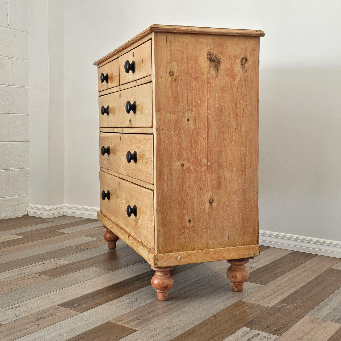 Antique English Pine Chest of Drawers (Dresser) with Dark Knobs - Circa 1880