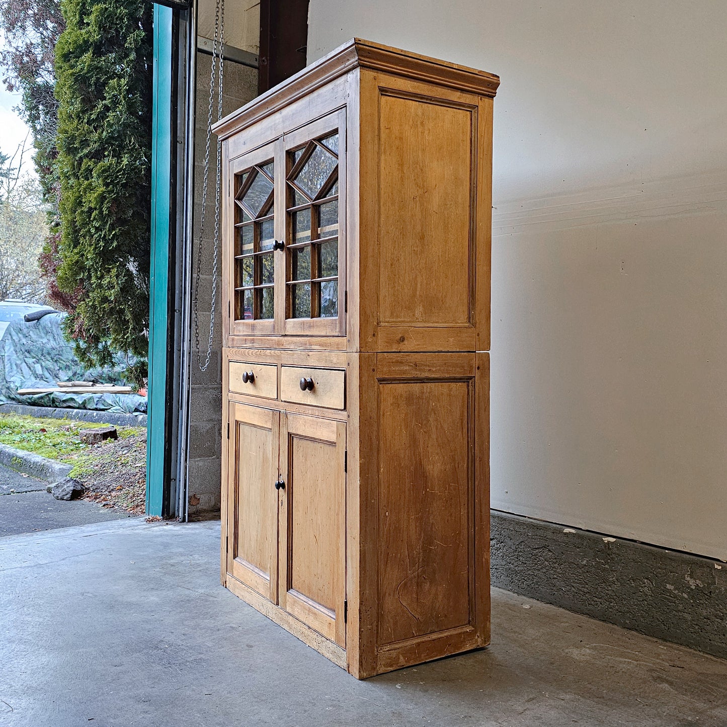 Antique English Pine Cupboard with glass doors - 1870