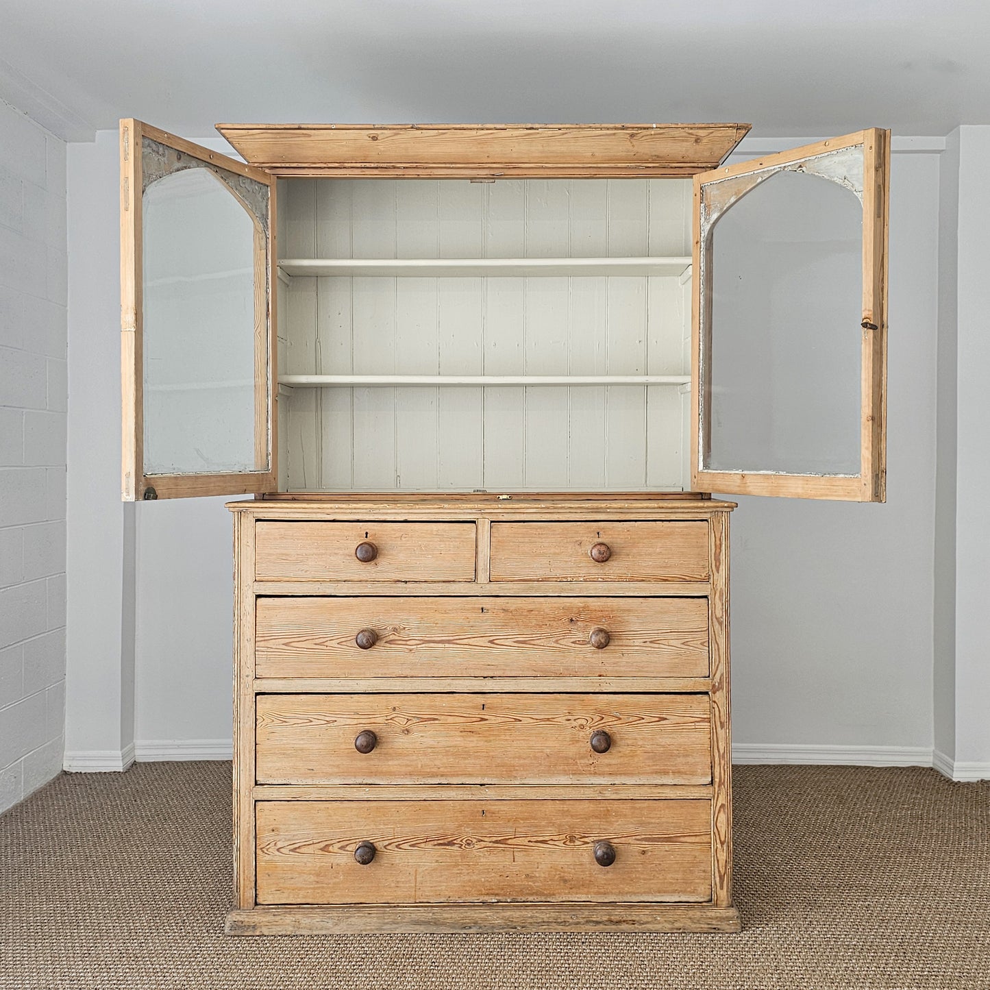 Antique English Pine Glazed Dresser Display Cabinet - Circa 1880