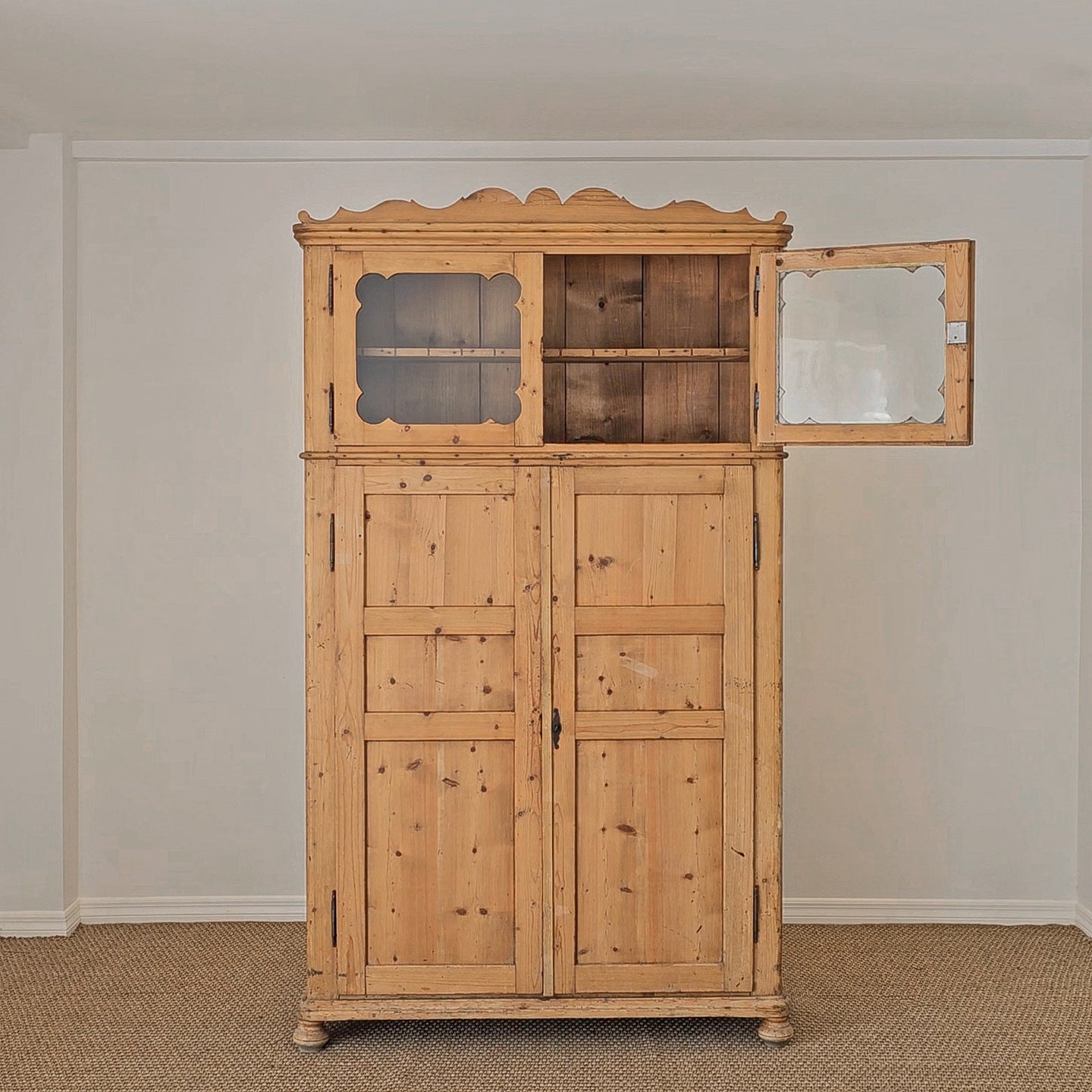 Antique Dutch Pine Kitchen Cabinet with glass doors