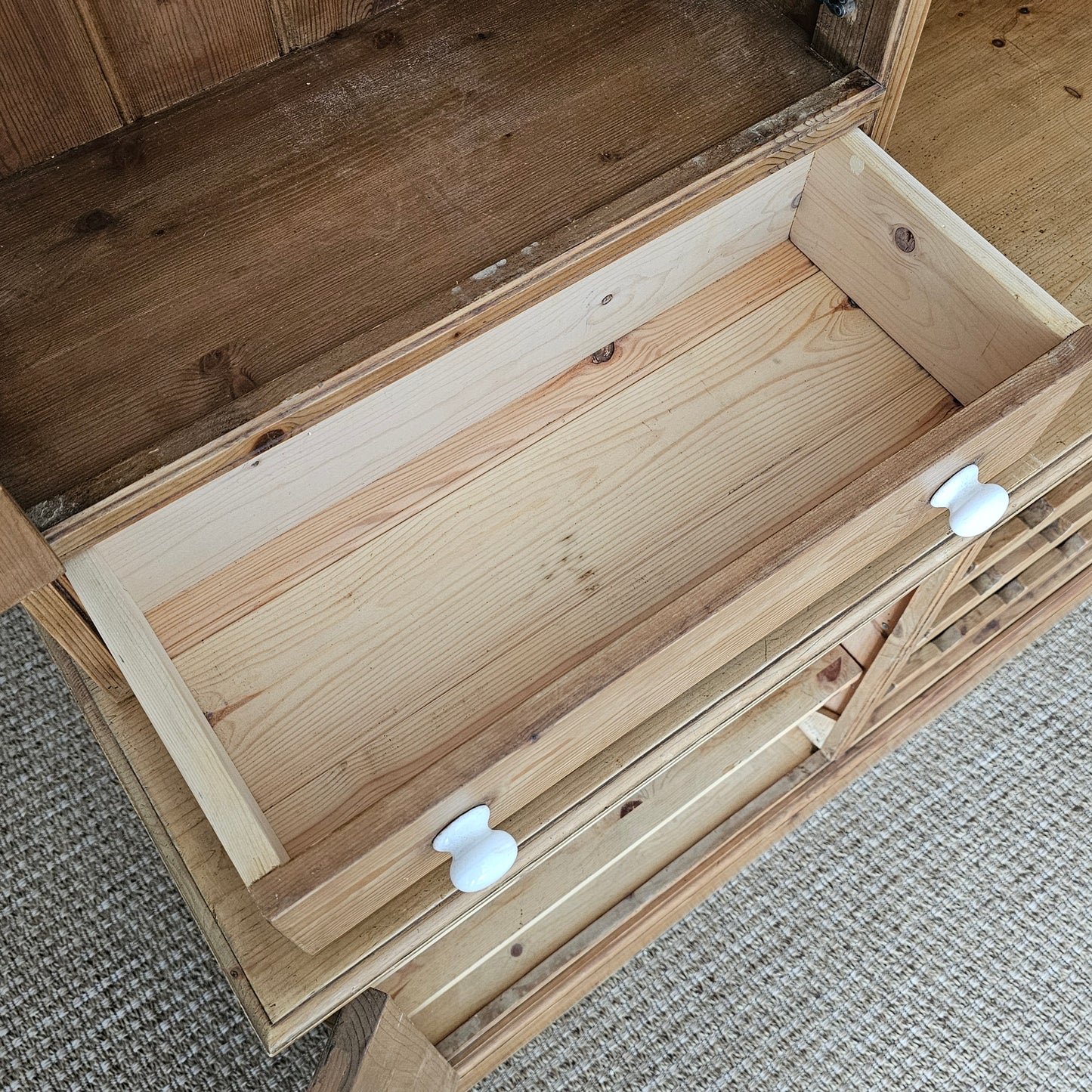 Vintage English Pine Kitchen Hutch with Plate Rack & Wine Storage
