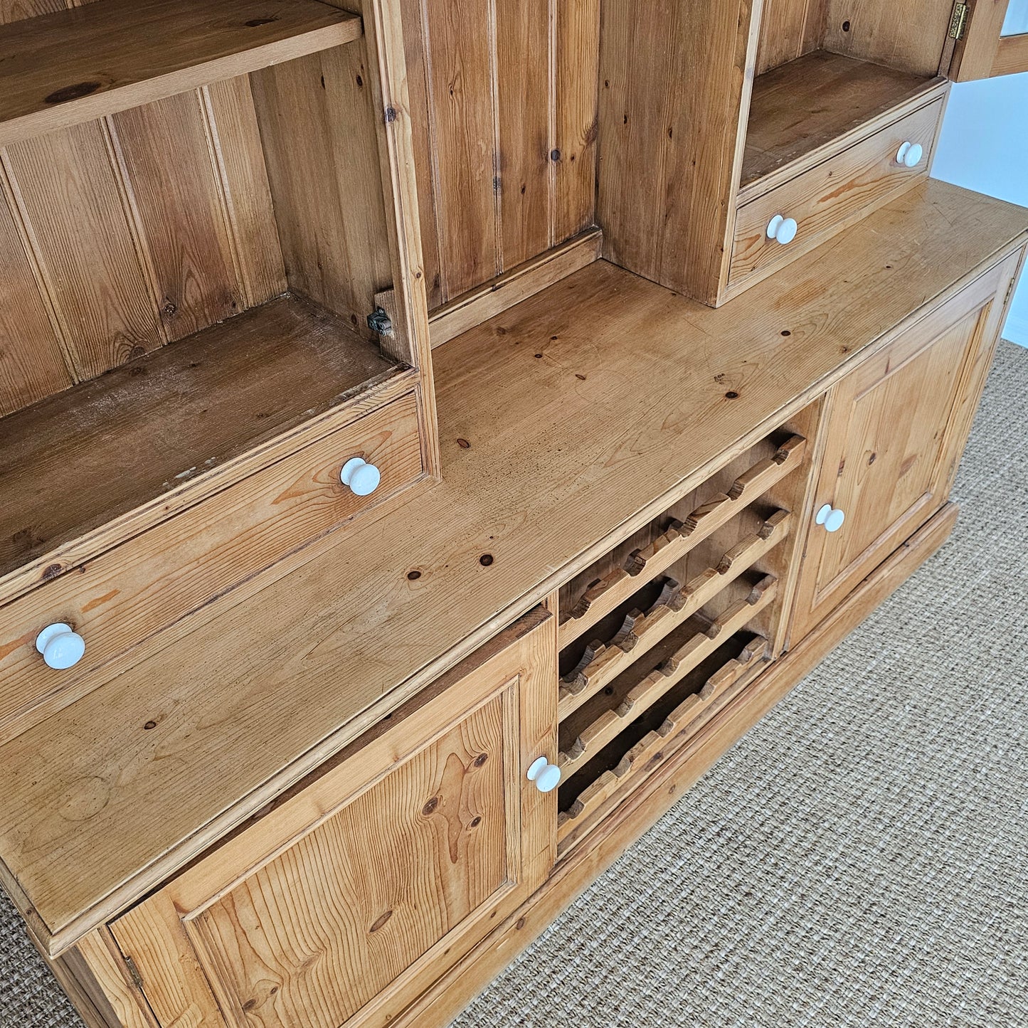 Vintage English Pine Kitchen Hutch with Plate Rack & Wine Storage