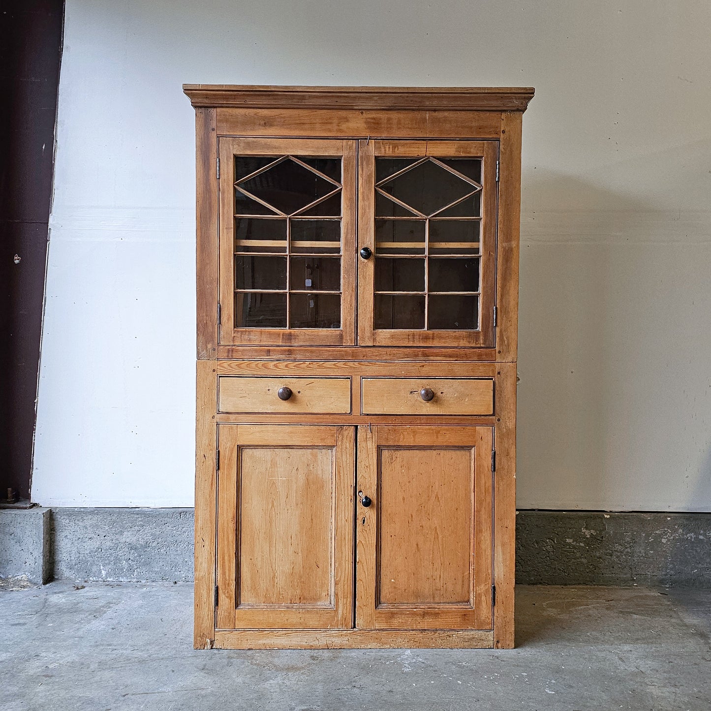 Antique English Pine Cupboard with glass doors - 1870