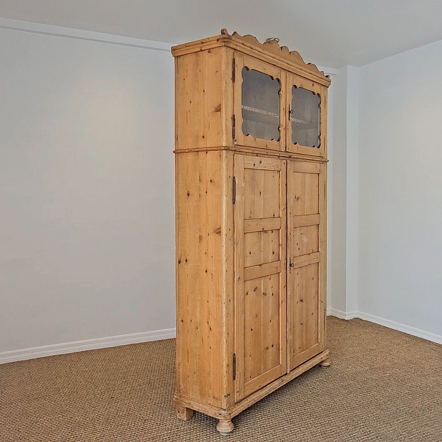 Antique Dutch Pine Kitchen Cabinet with glass doors
