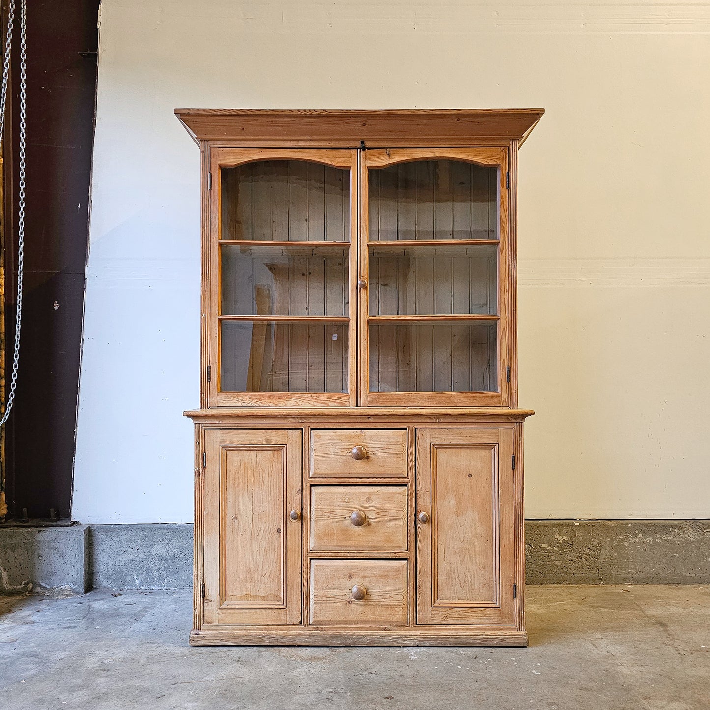 Antique Pine Glass-Front Hutch with Lower Cupboards & Drawers - Circa 1880