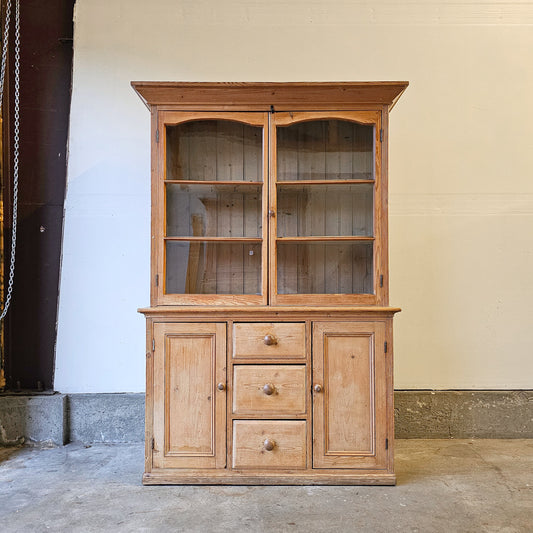 Antique Pine Glass-Front Hutch with Lower Cupboards & Drawers - Circa 1880