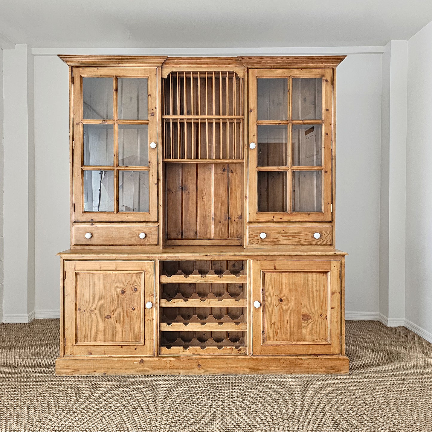 Vintage English Pine Kitchen Hutch with Plate Rack & Wine Storage