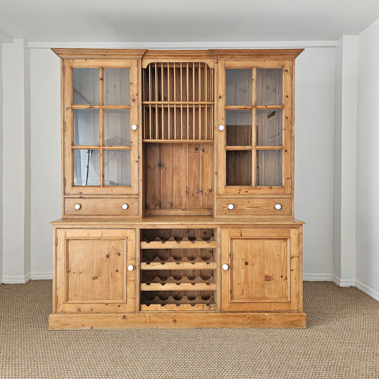 Vintage English Pine Kitchen Hutch with Plate Rack & Wine Storage