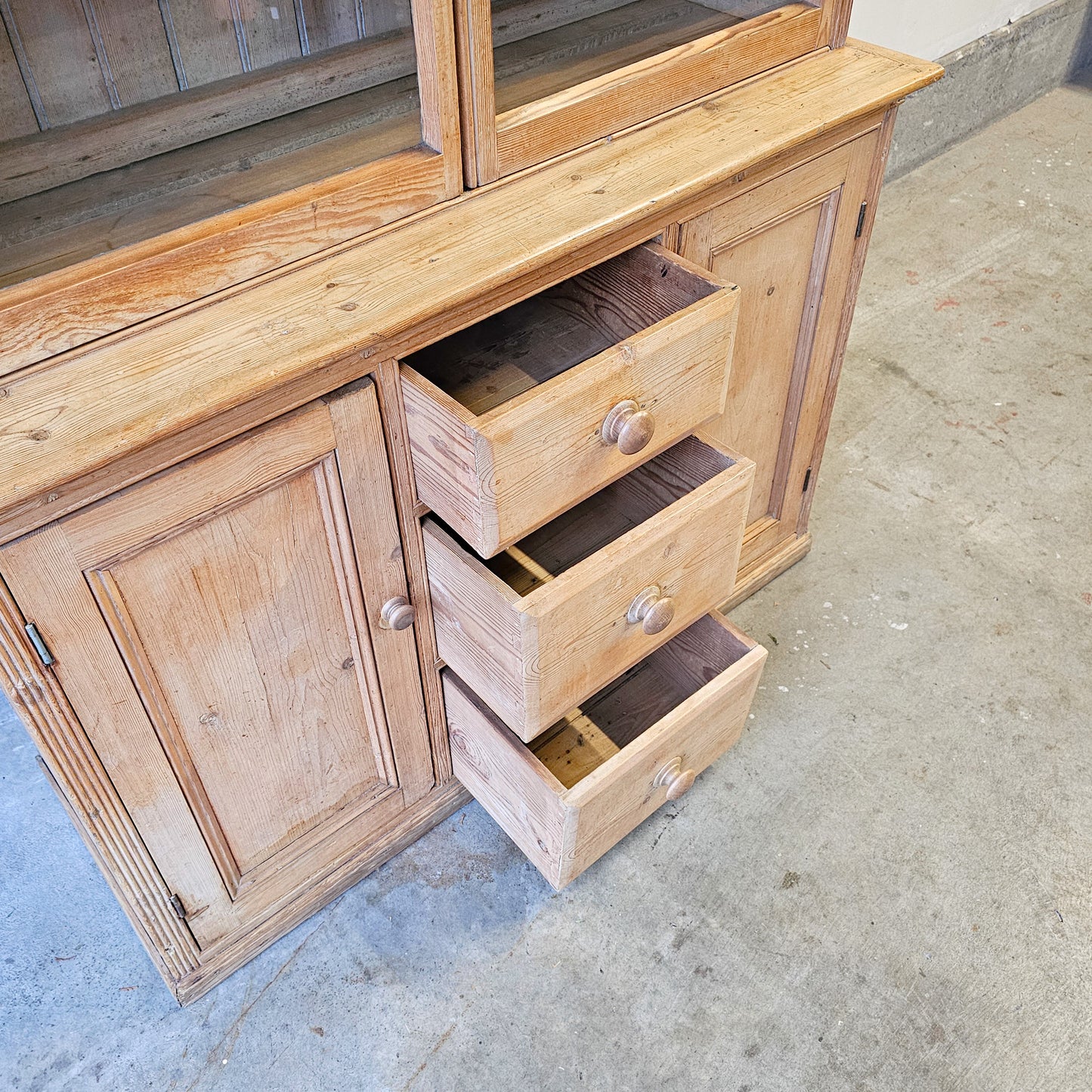 Antique Pine Glass-Front Hutch with Lower Cupboards & Drawers - Circa 1880