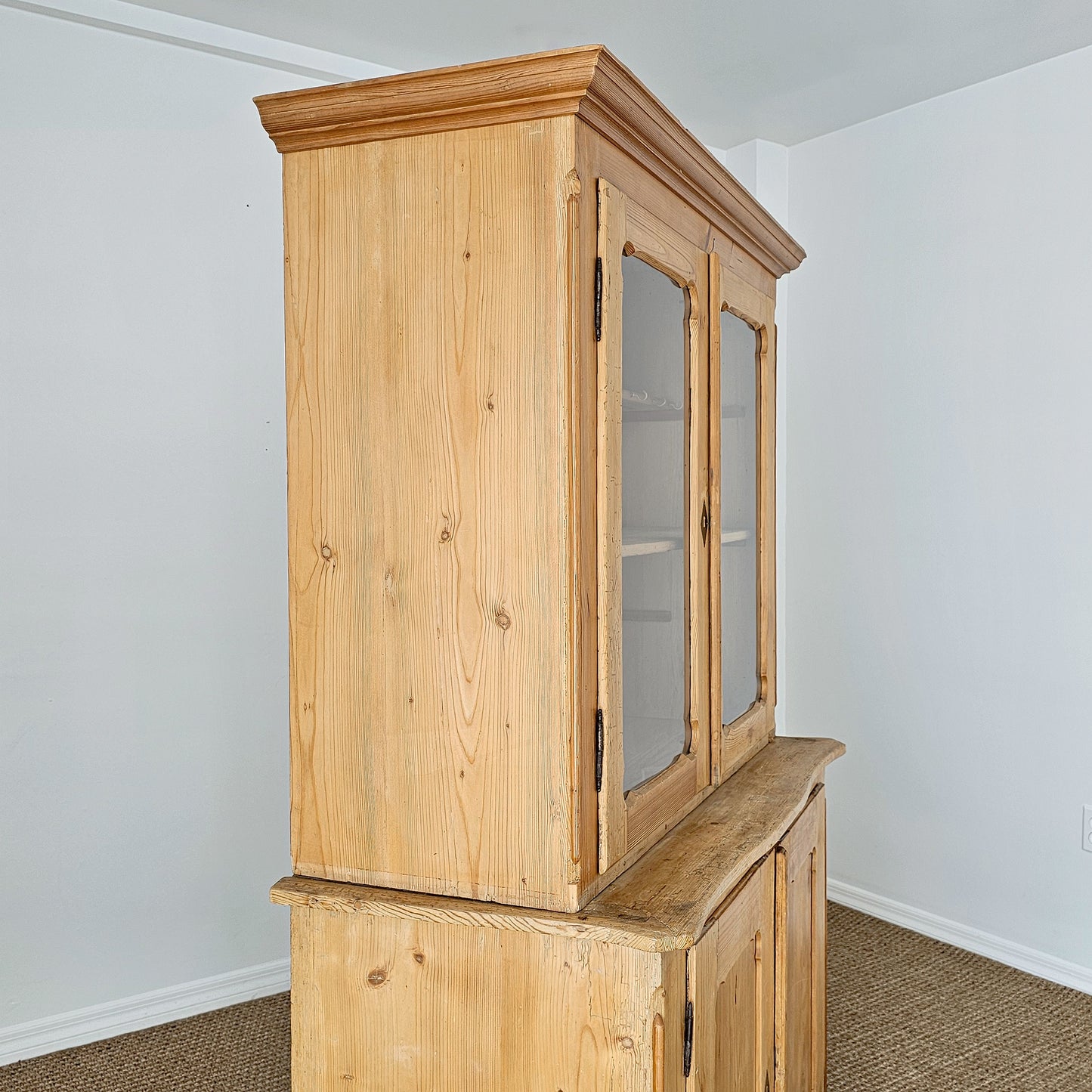 Antique Pine Glass Door Hutch Cabinet | Circa 1890