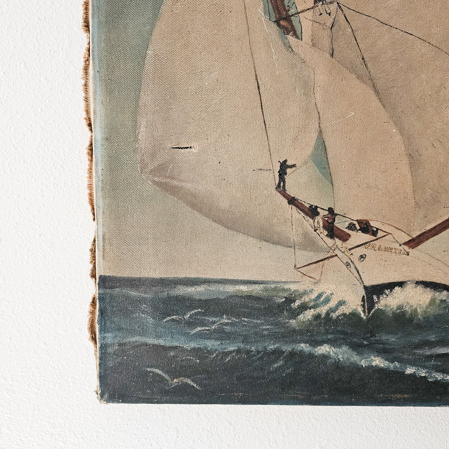 Antique Maritime Oil Painting – 19th-Century Sailing Yacht in Open Seas