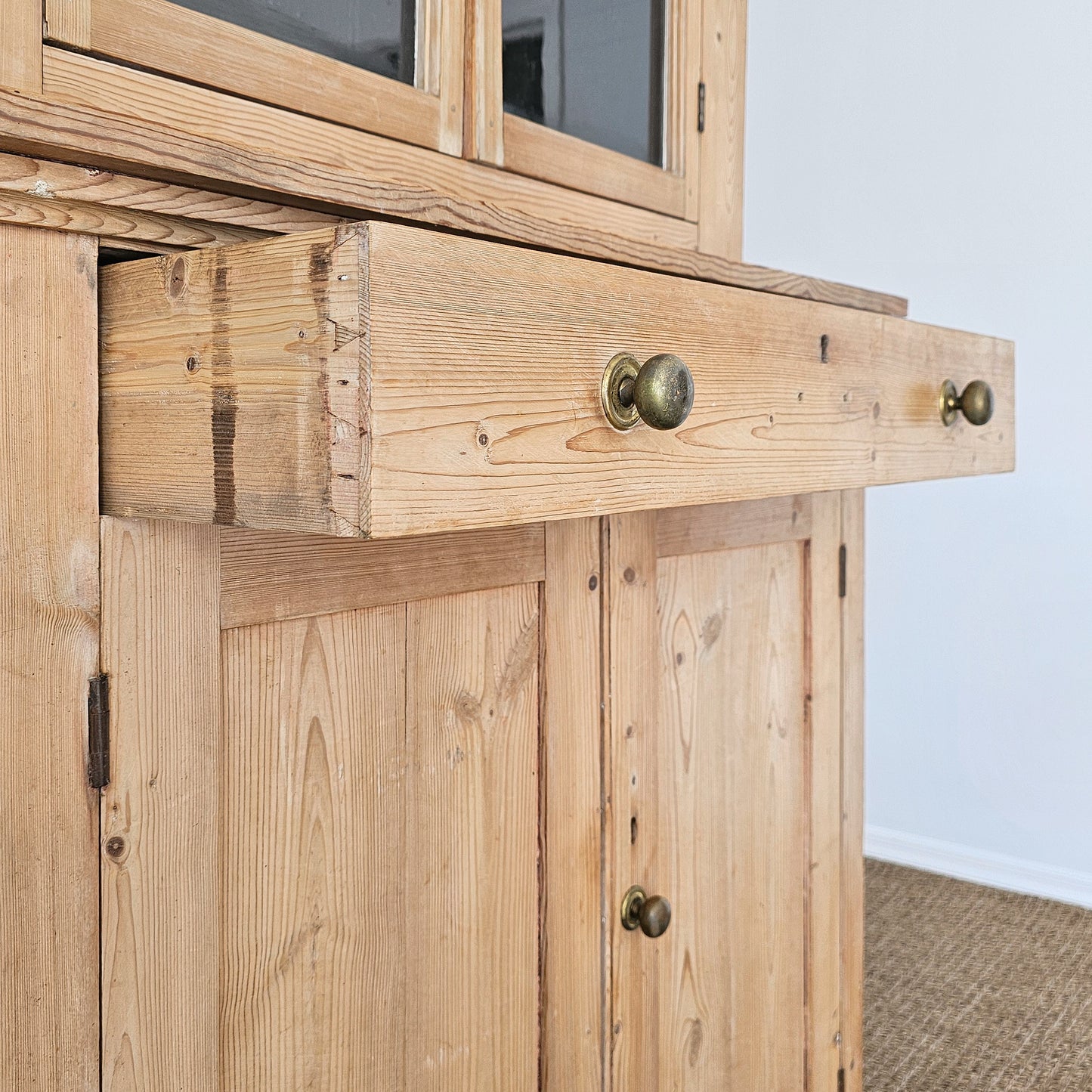 Antique English Pine Farmhouse Hutch with Glass Doors | Circa 1870