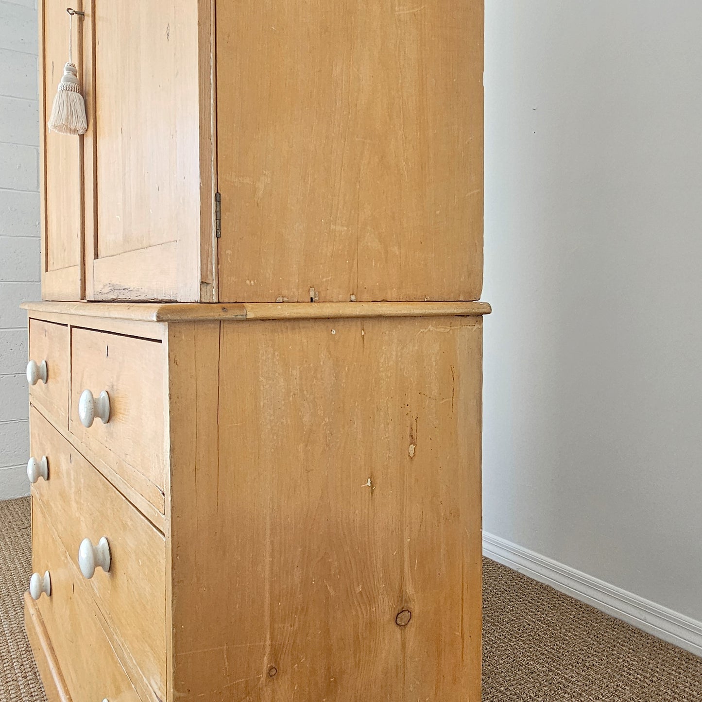 Antique English Pine Linen Press / Wardrobe - Circa 1890