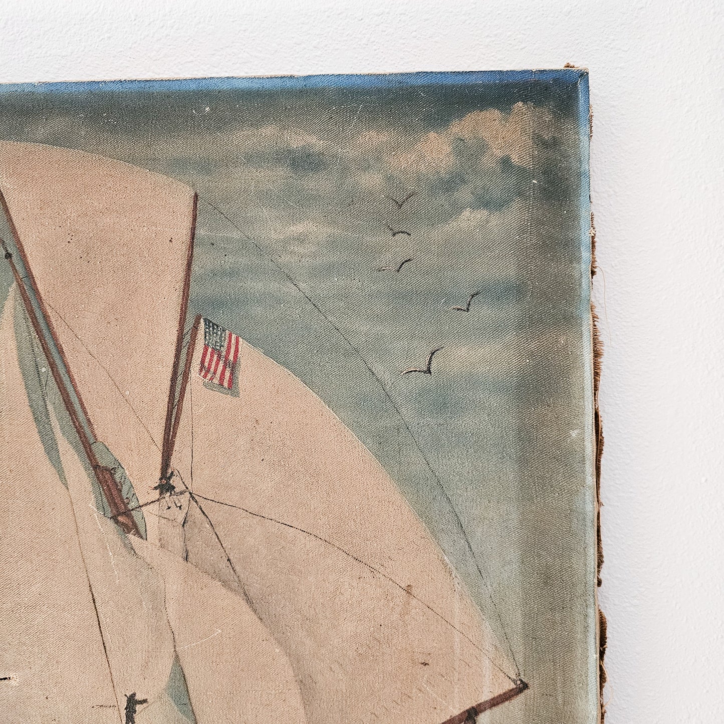 Antique Maritime Oil Painting – 19th-Century Sailing Yacht in Open Seas