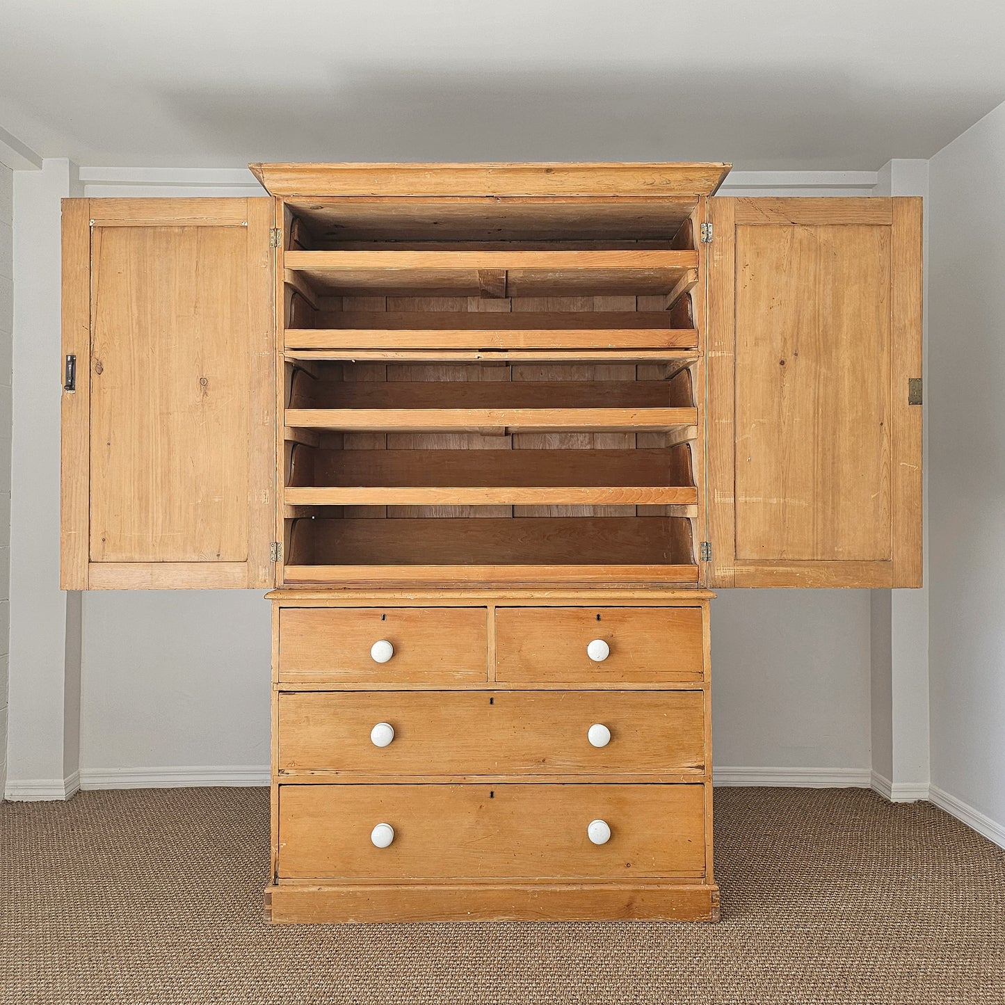 Antique English Pine Linen Press / Wardrobe - Circa 1890
