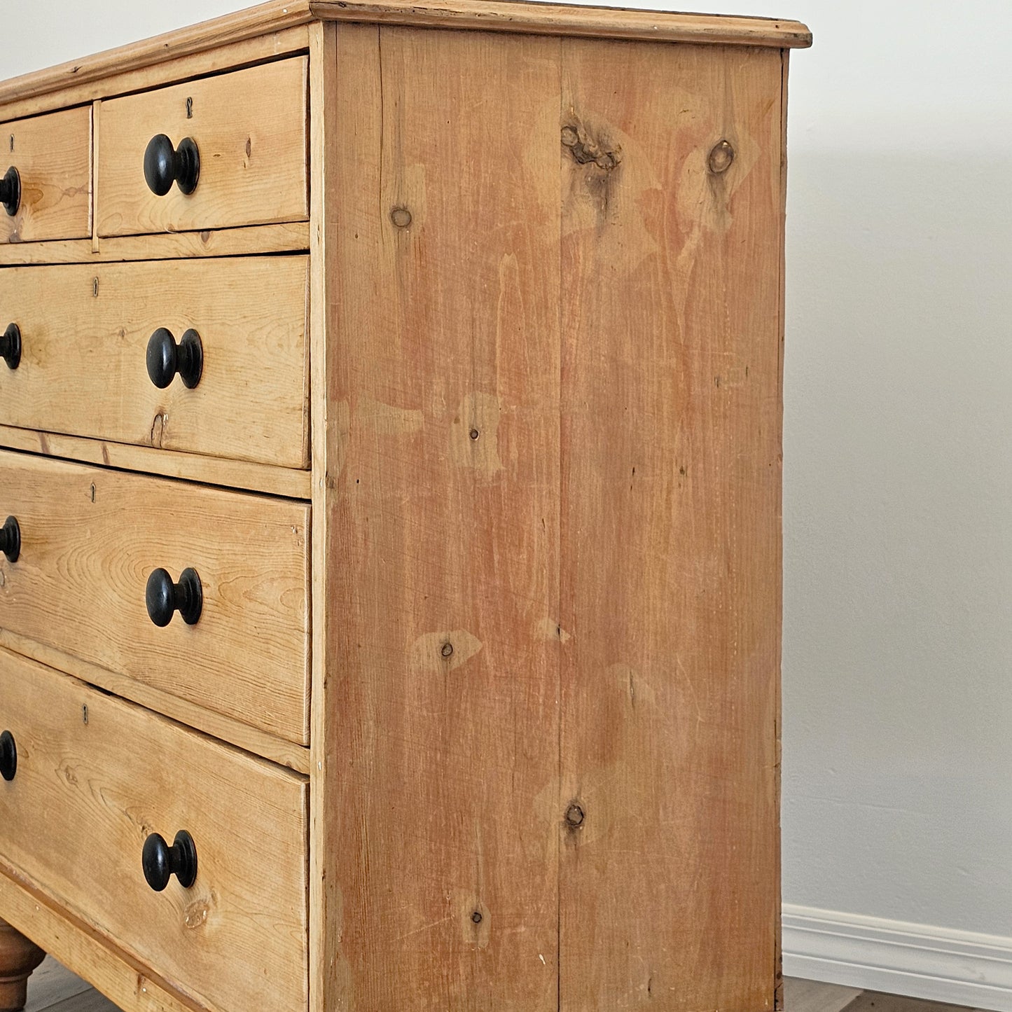 Antique English Pine Chest of Drawers (Dresser) with Dark Knobs - Circa 1880