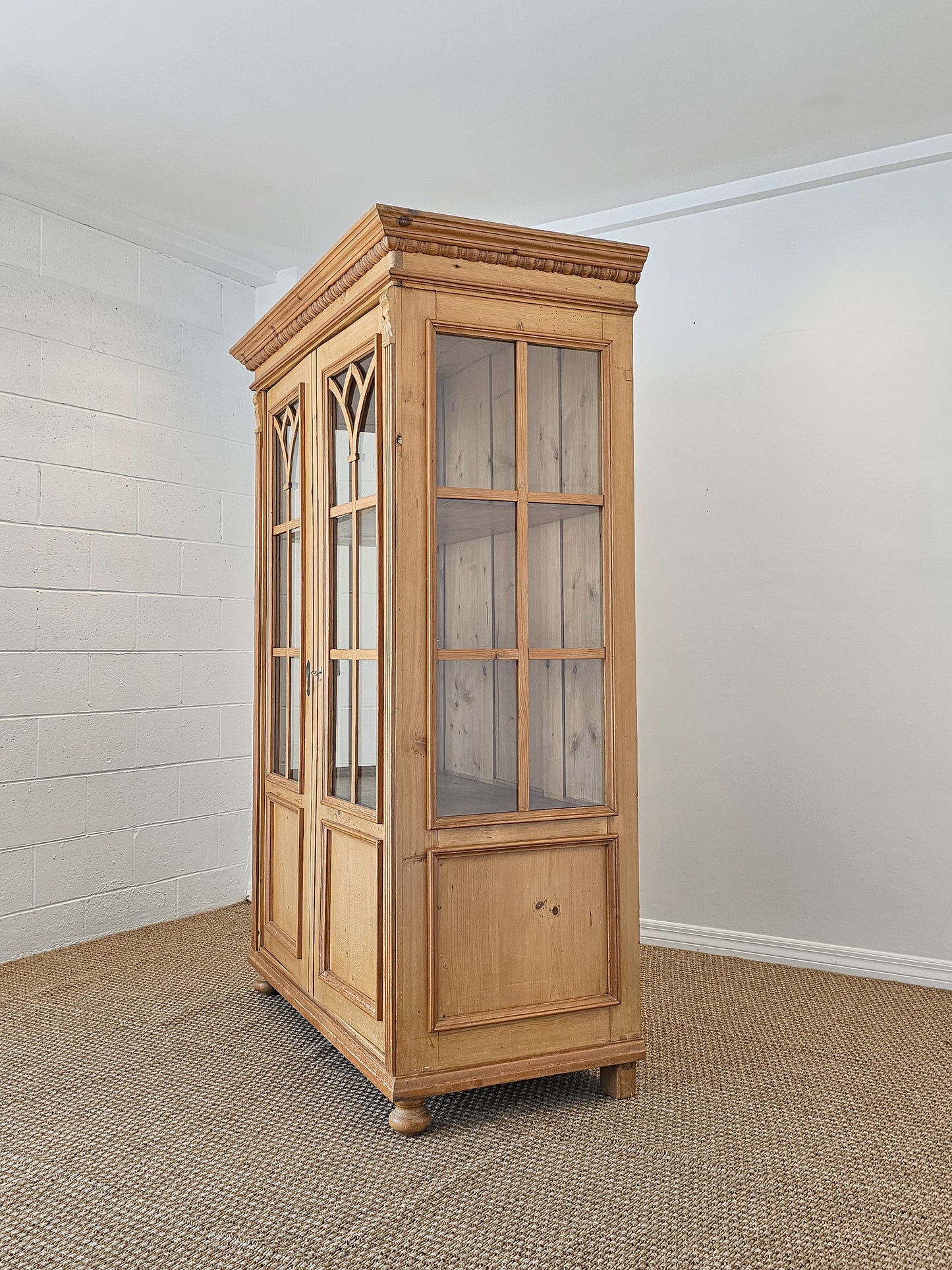 Antique English Pine Display Cabinet with glass doors