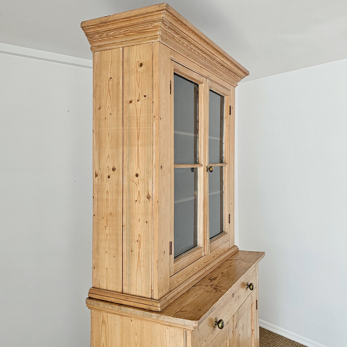 Antique English Pine Farmhouse Hutch with Glass Doors | Circa 1870