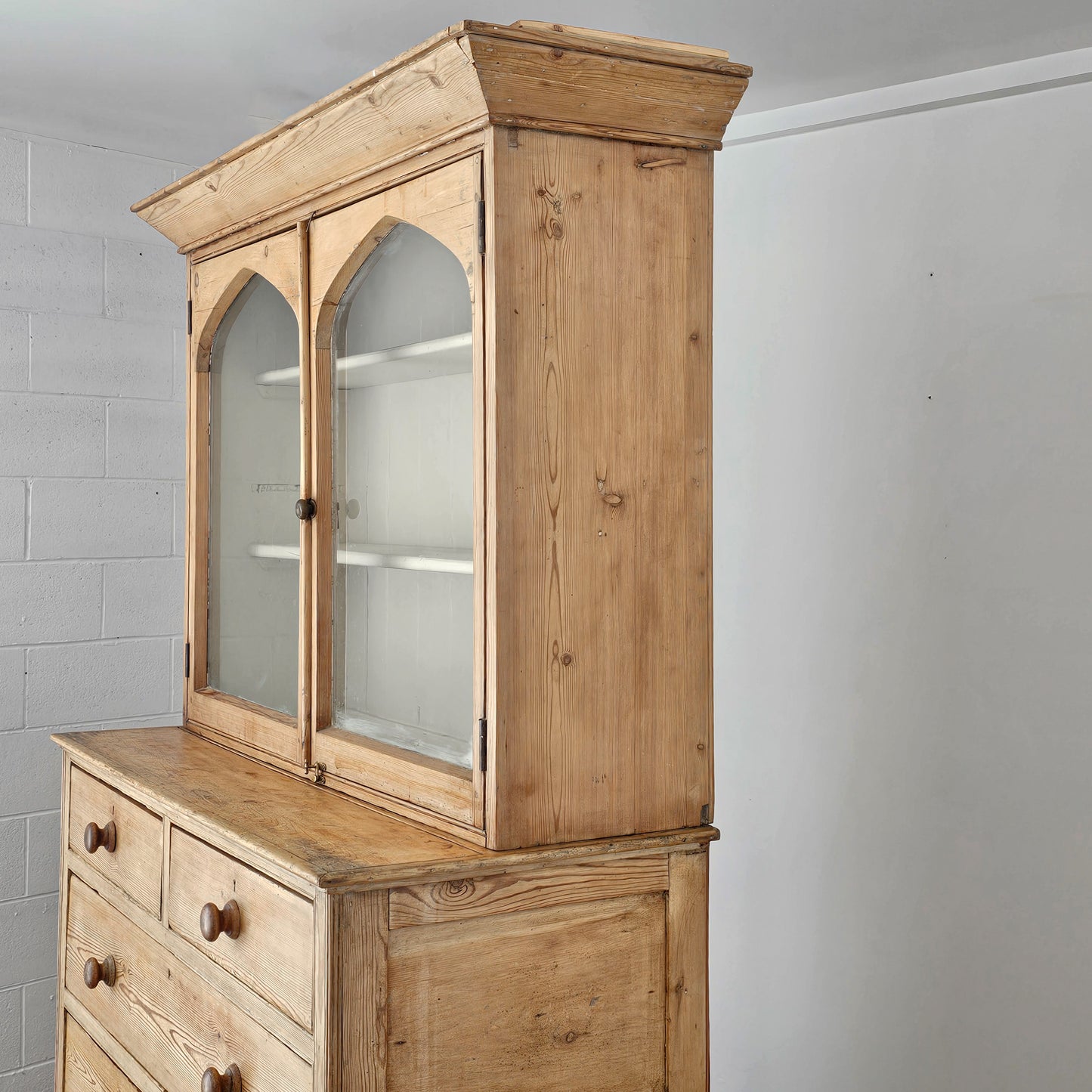 Antique English Pine Glazed Dresser Display Cabinet - Circa 1880