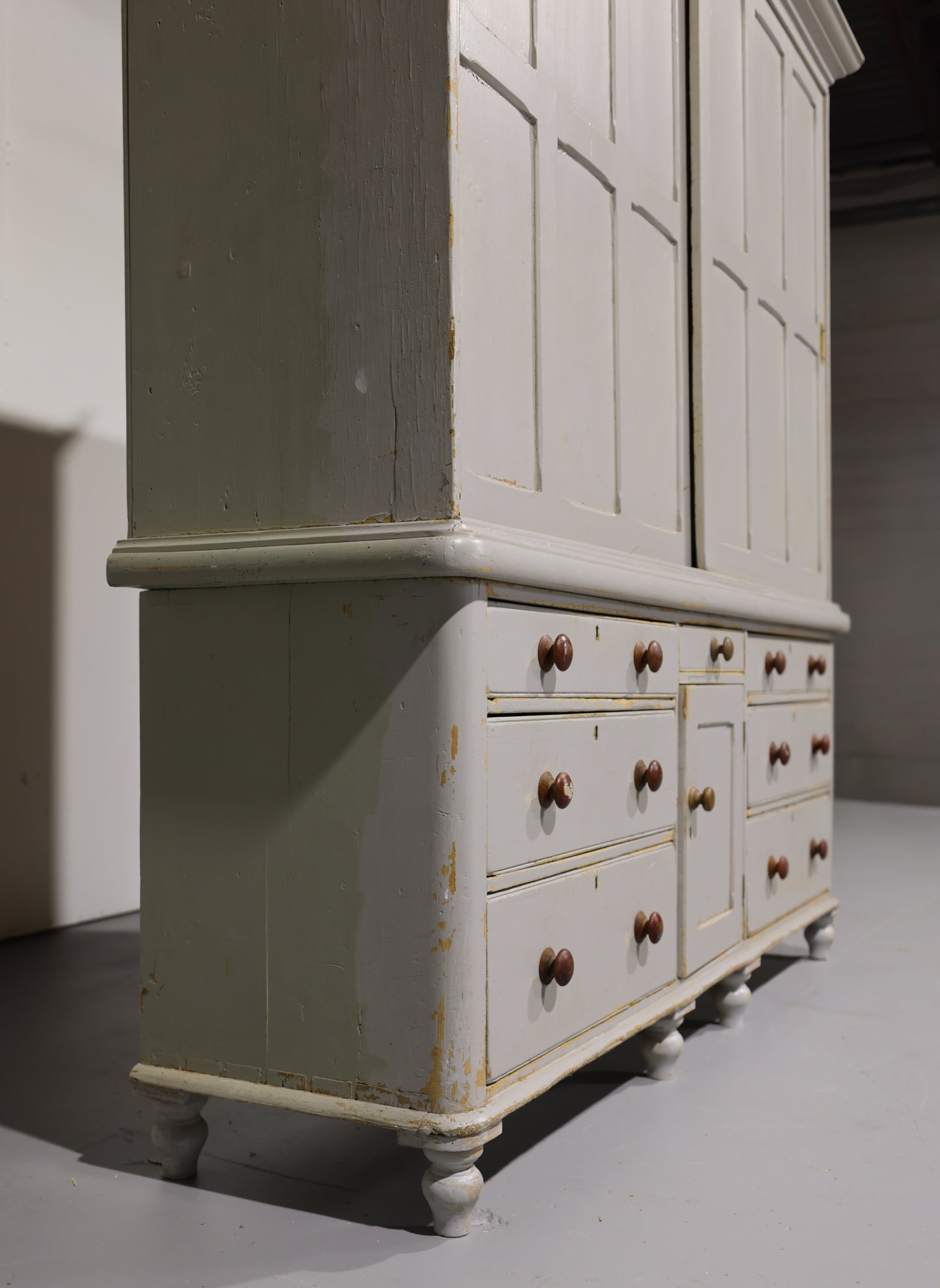 Massive Antique English Painted Pine Housekeeper’s Cupboard Sliding Doors Circa 1880