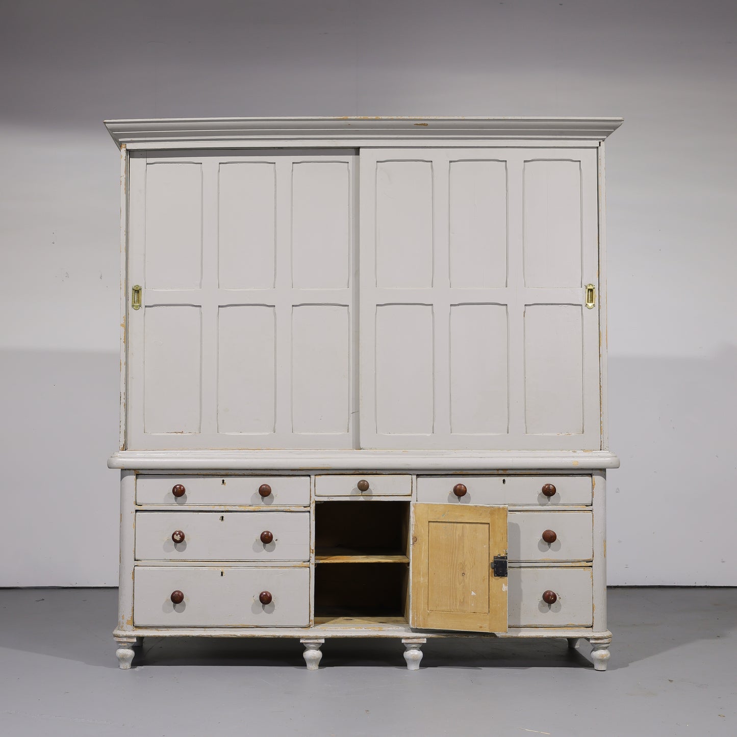 Massive Antique English Painted Pine Housekeeper’s Cupboard Sliding Doors Circa 1880
