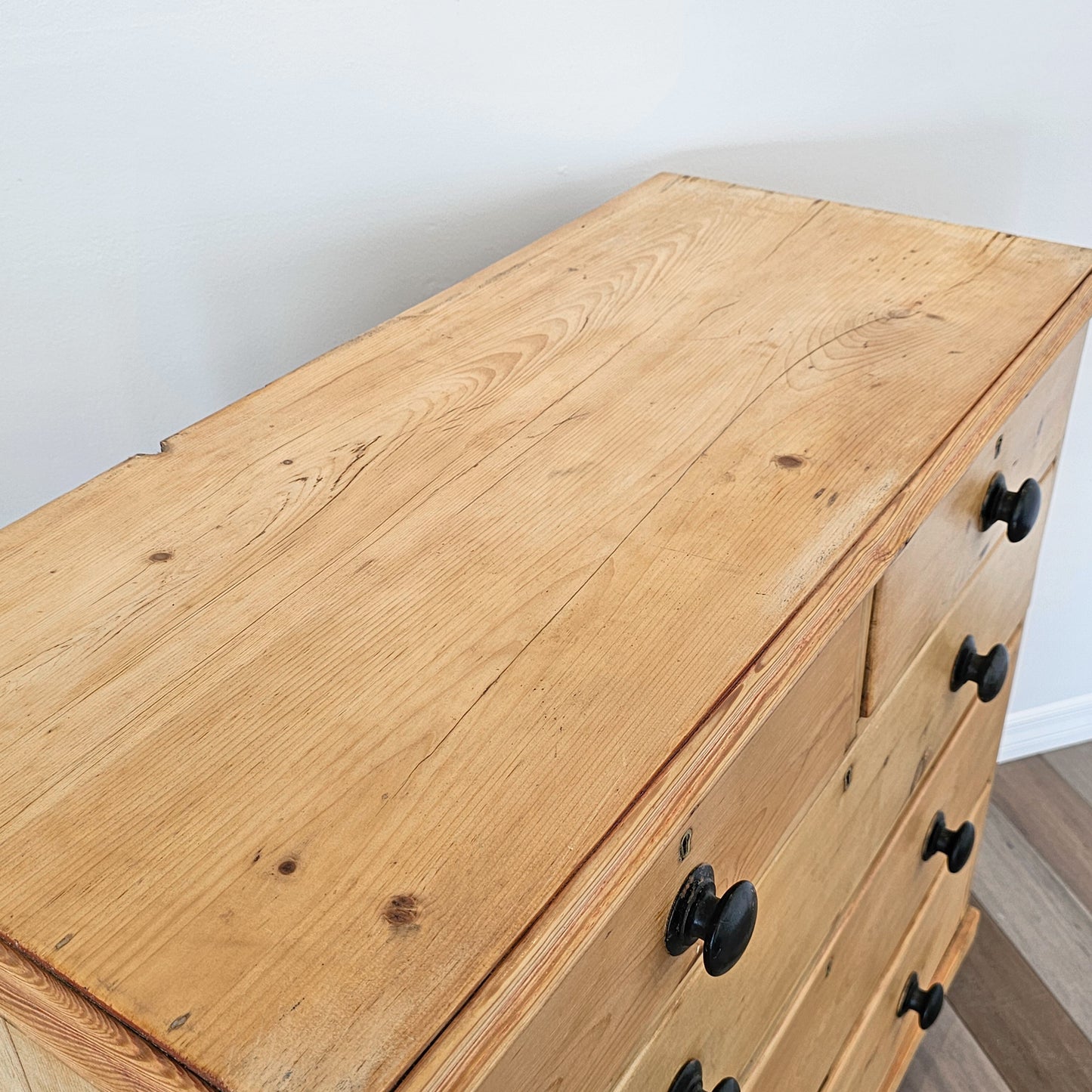Antique English Pine Chest of Drawers (Dresser) with Dark Knobs - Circa 1880