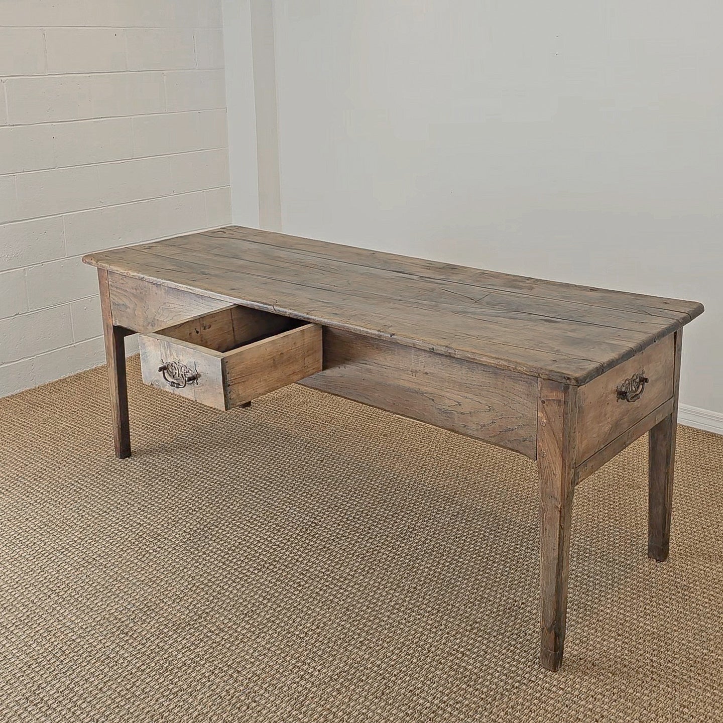 Antique French Elm Farm Dining Table with Drawers - Circa 1870