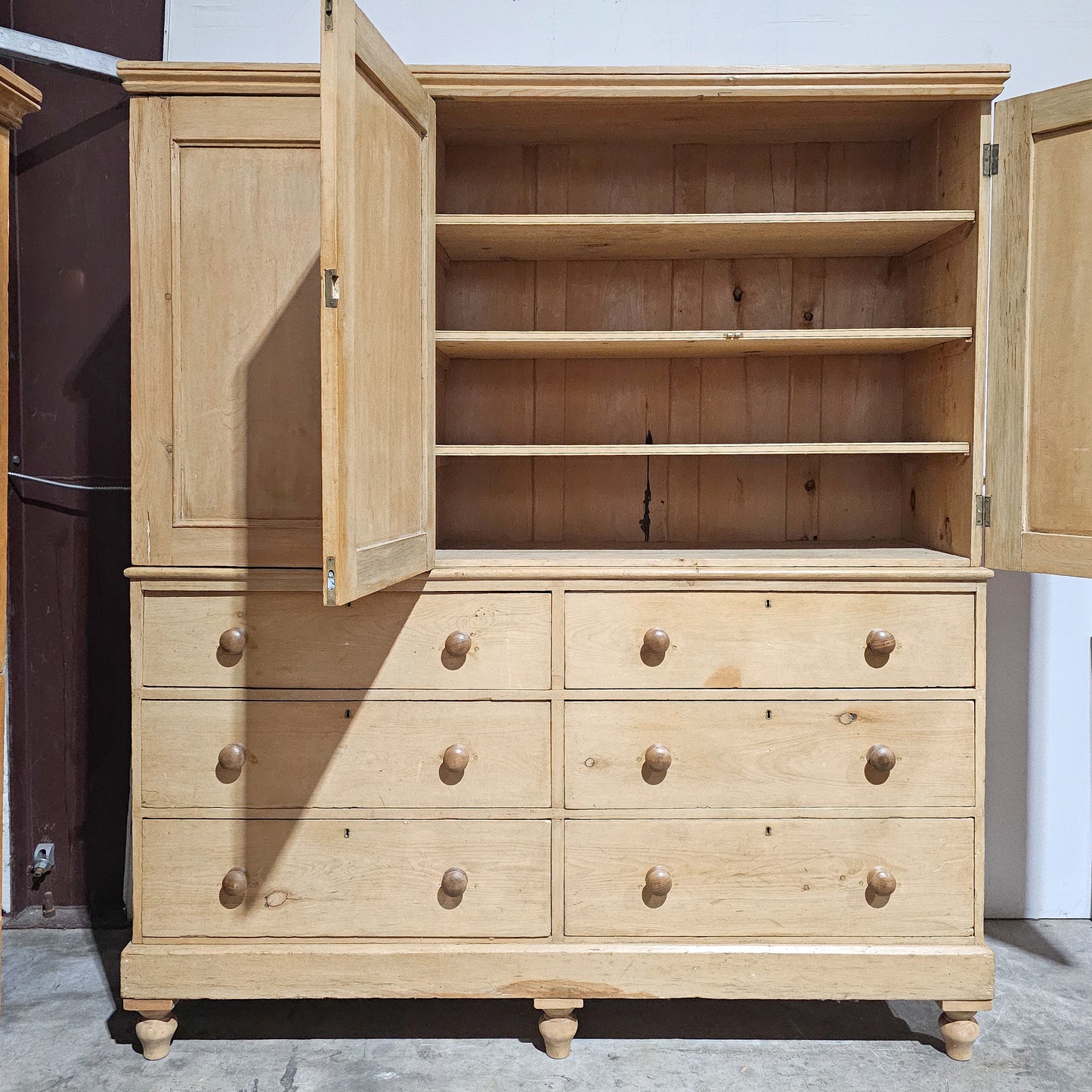 Stately Antique English Bleached Pine Linen Press Wardrobe - circa 1870