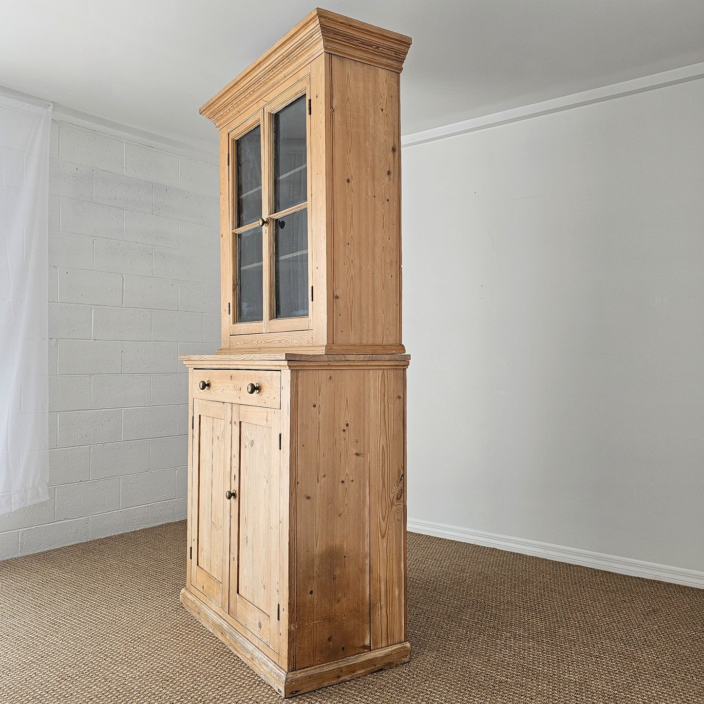 Antique English Pine Farmhouse Hutch with Glass Doors | Circa 1870