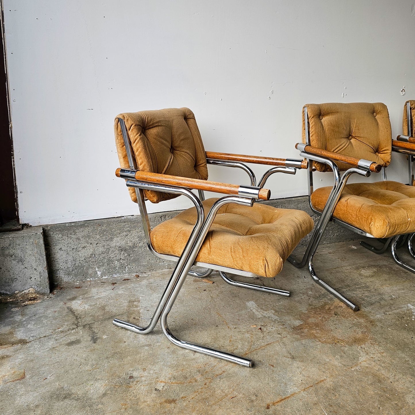 Circa 1970s Chrome & Glass Dining Set with Oak Armchairs 5-Piece Set