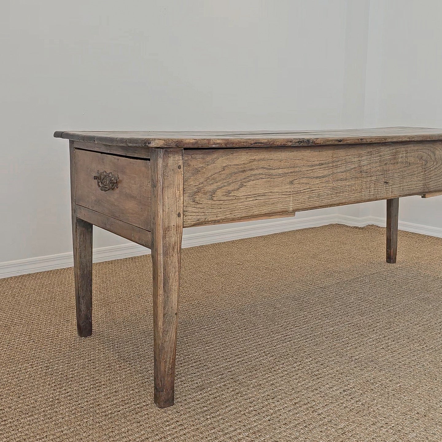 Antique French Elm Farm Dining Table with Drawers - Circa 1870