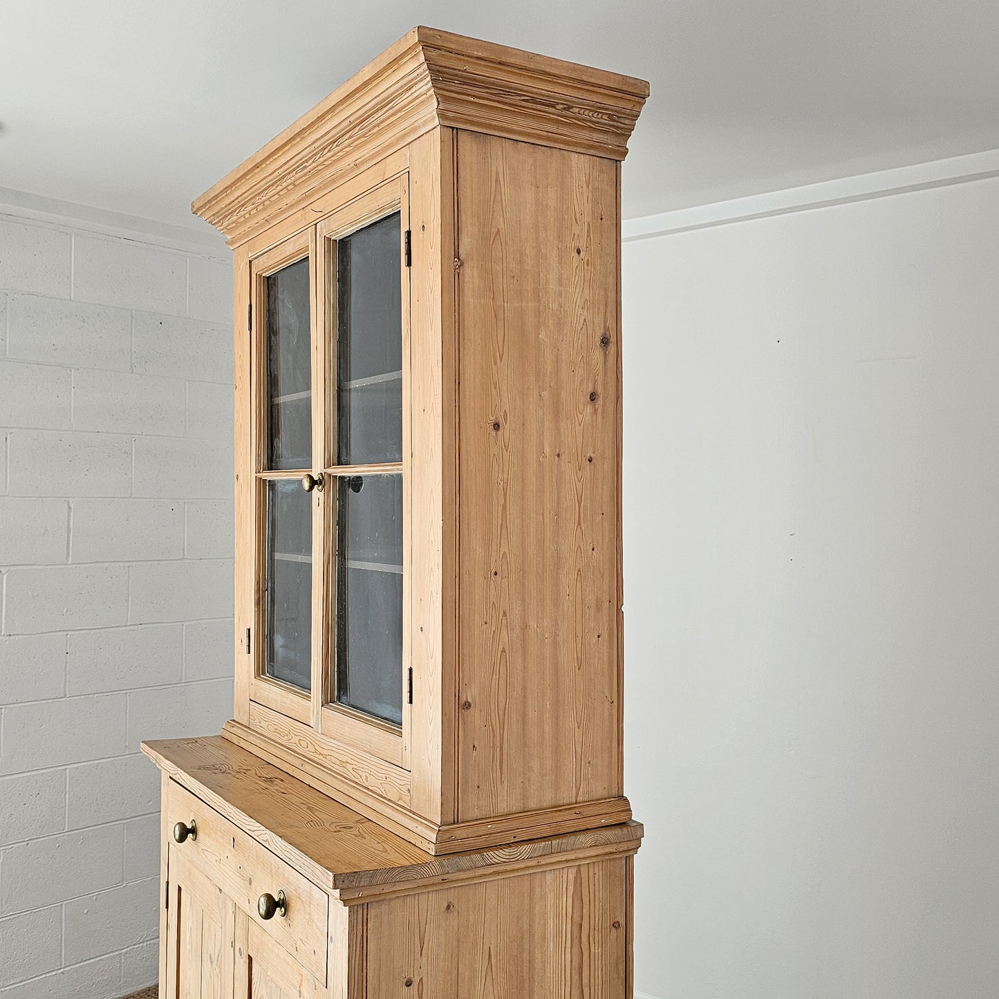 Antique English Pine Farmhouse Hutch with Glass Doors | Circa 1870