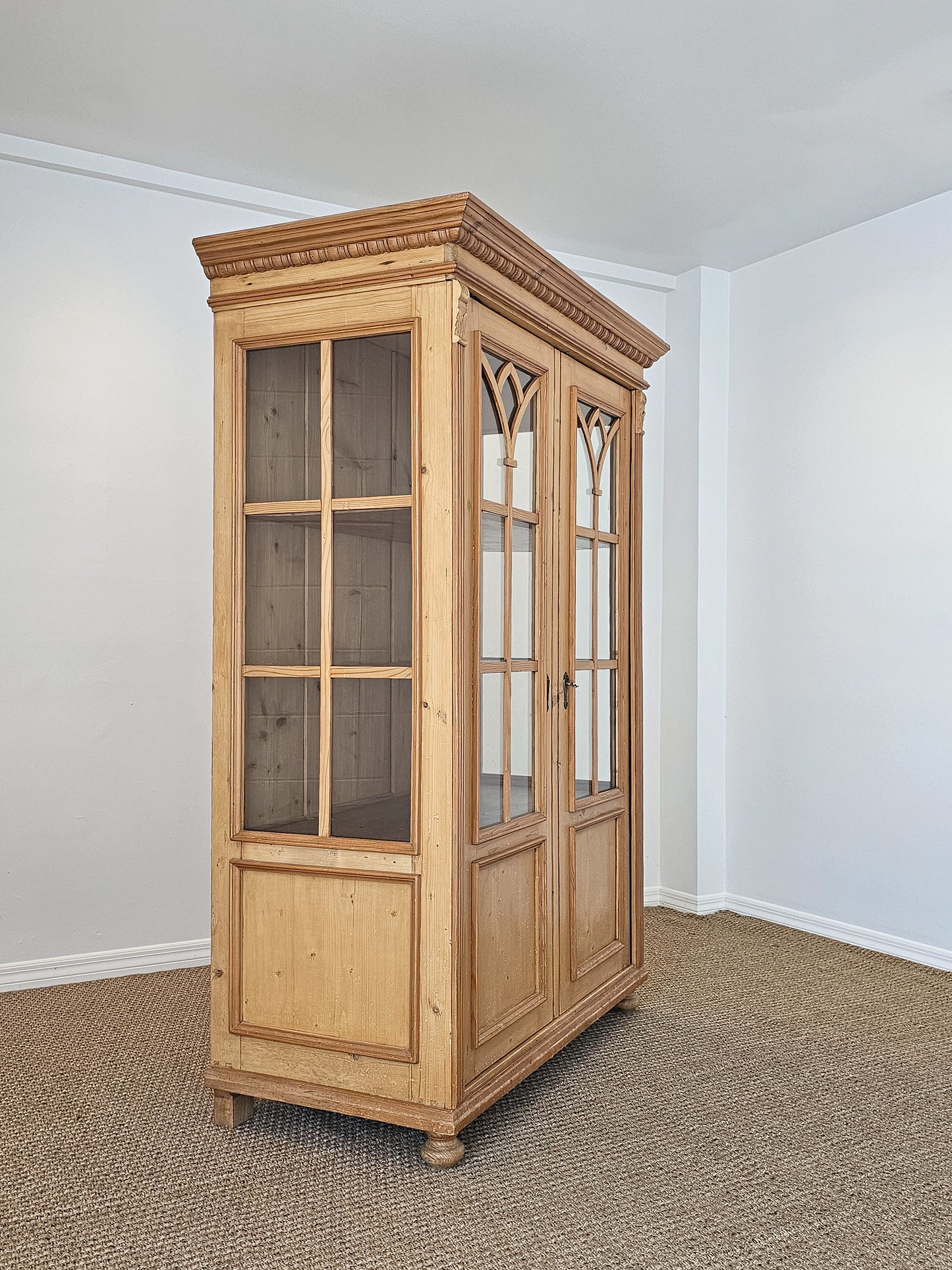 Antique English Pine Display Cabinet with glass doors