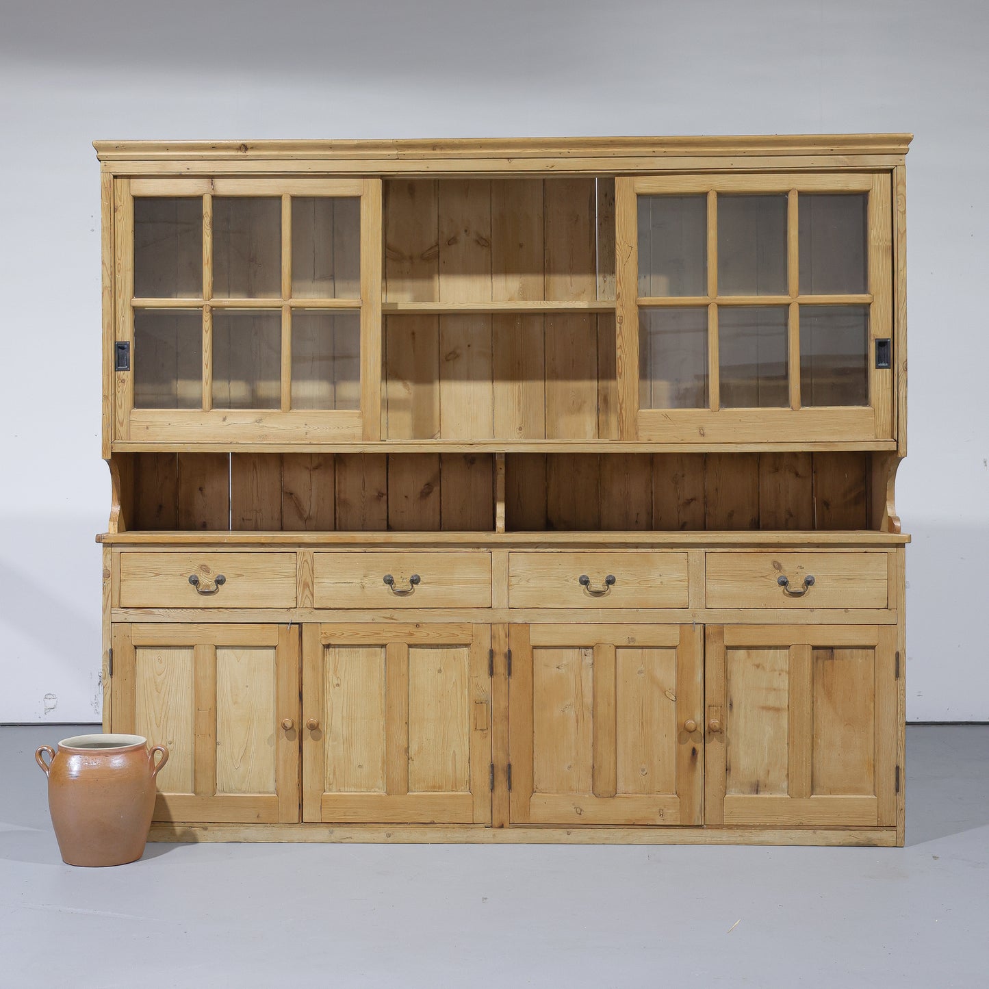 Massive Antique Pine Glazed Dresser with Sliding Doors | Circa 1880