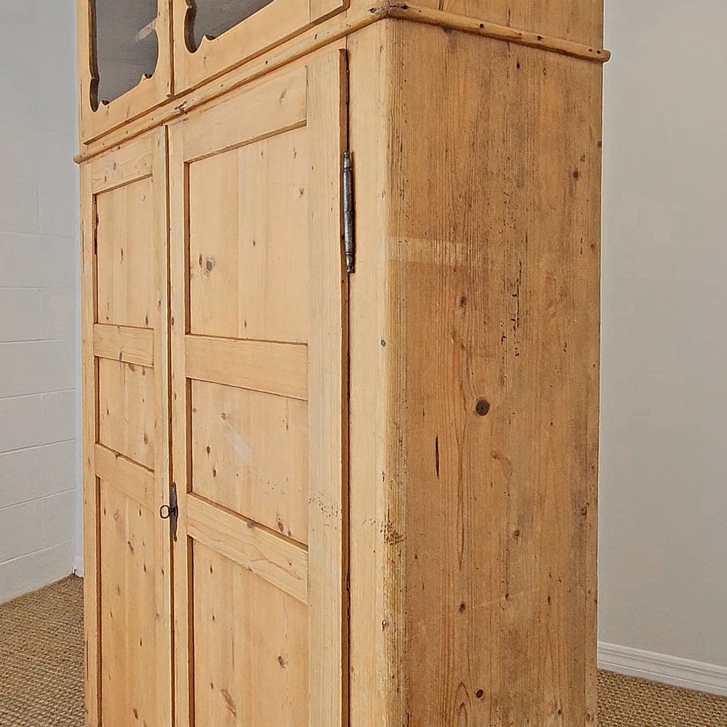 Antique Dutch Pine Kitchen Cabinet with glass doors