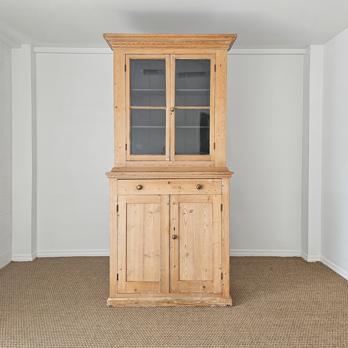 Antique English Pine Farmhouse Hutch with Glass Doors | Circa 1870