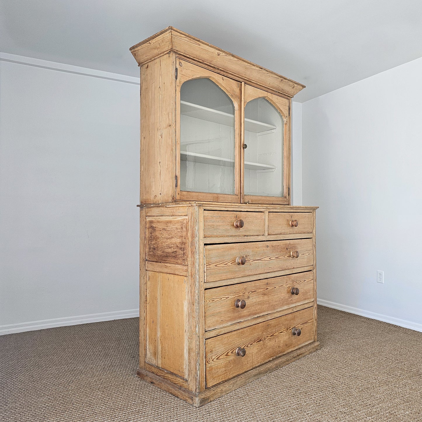 Antique English Pine Glazed Dresser Display Cabinet - Circa 1880