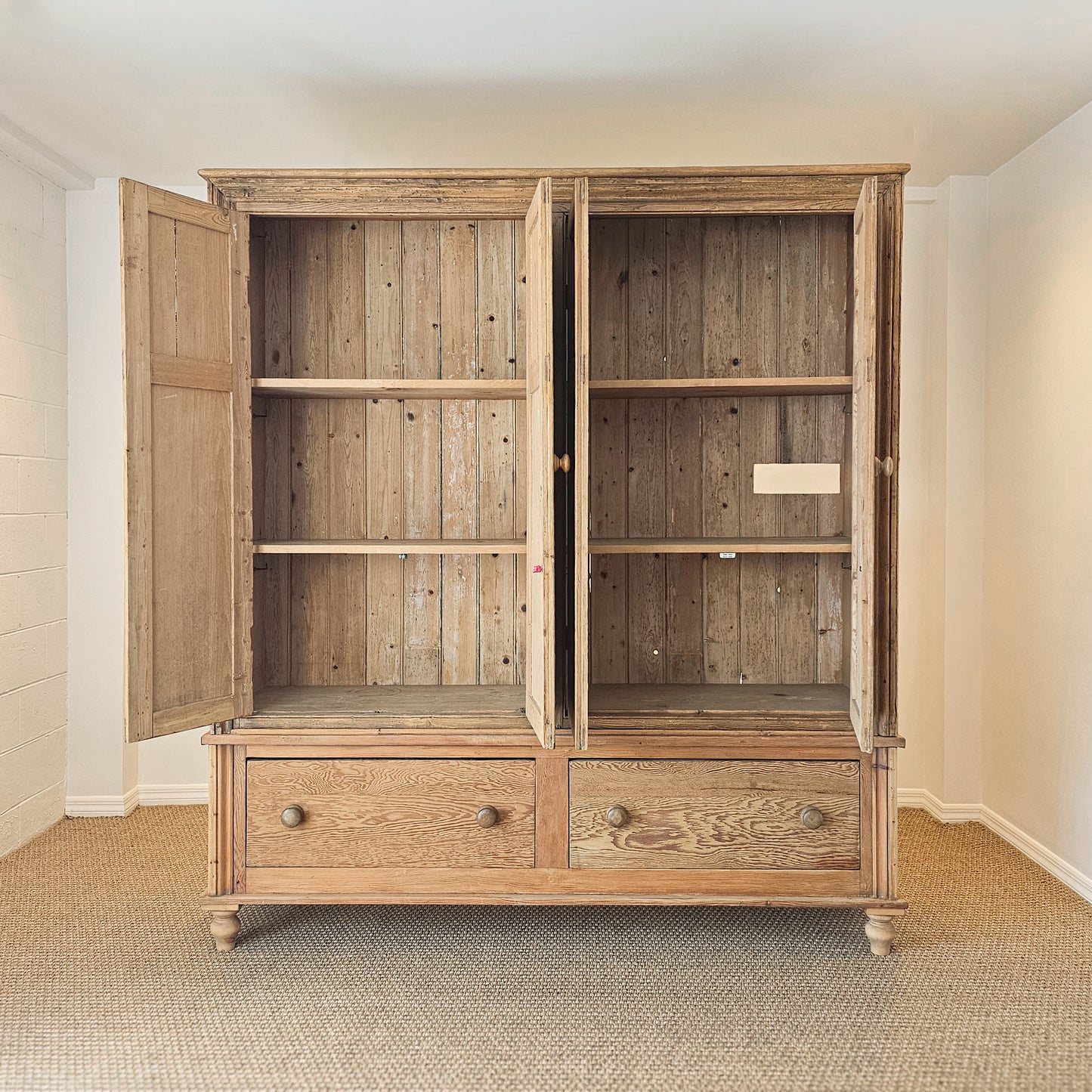 Monumental Antique English Pine Housekeeper’s Cupboard / Linen Press, Circa 1880