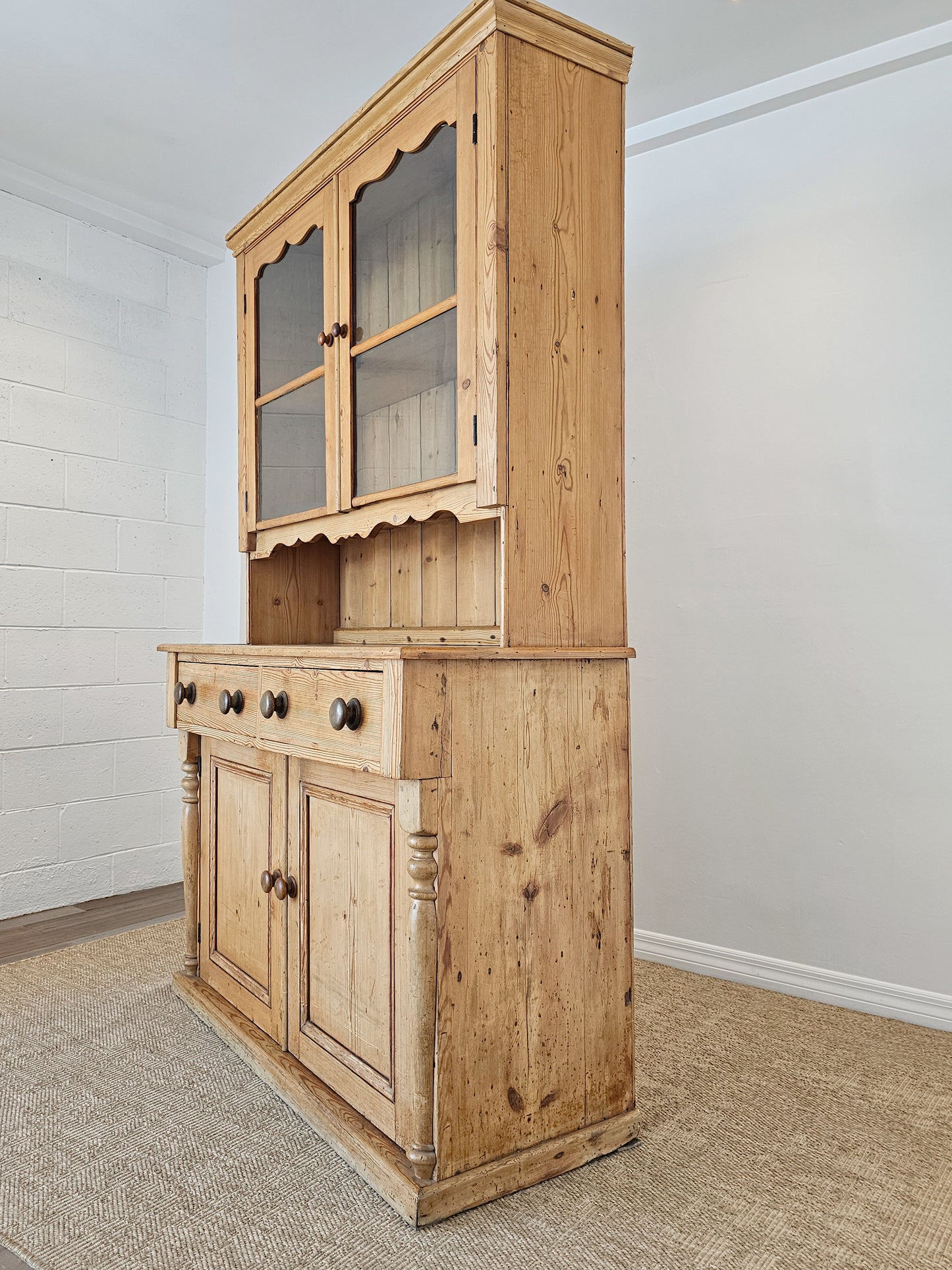 Antique English Pine Hutch with Glass Doors - Circa 1880