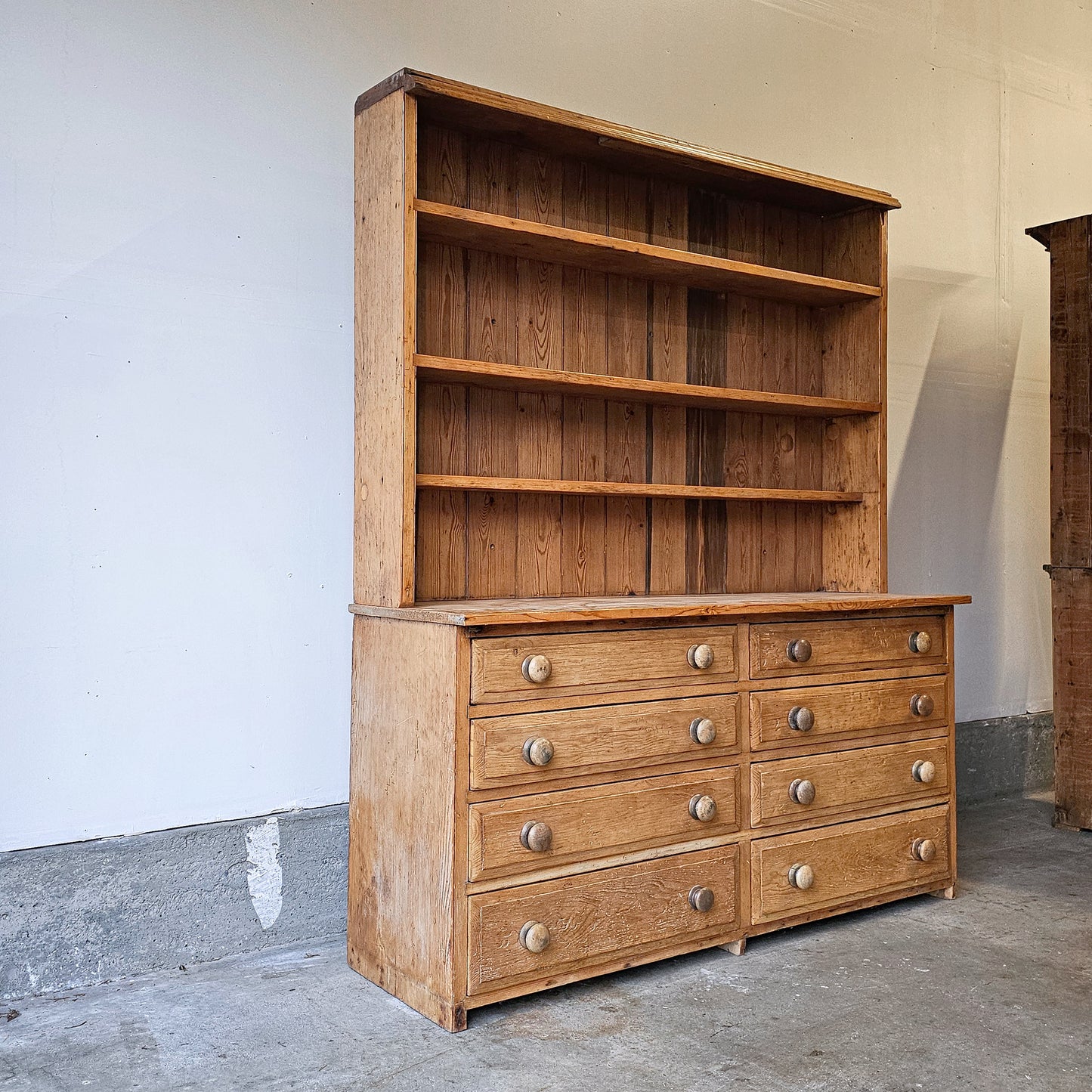 Antique English Kitchen Pine Hutch with 8 drawers base - 1890