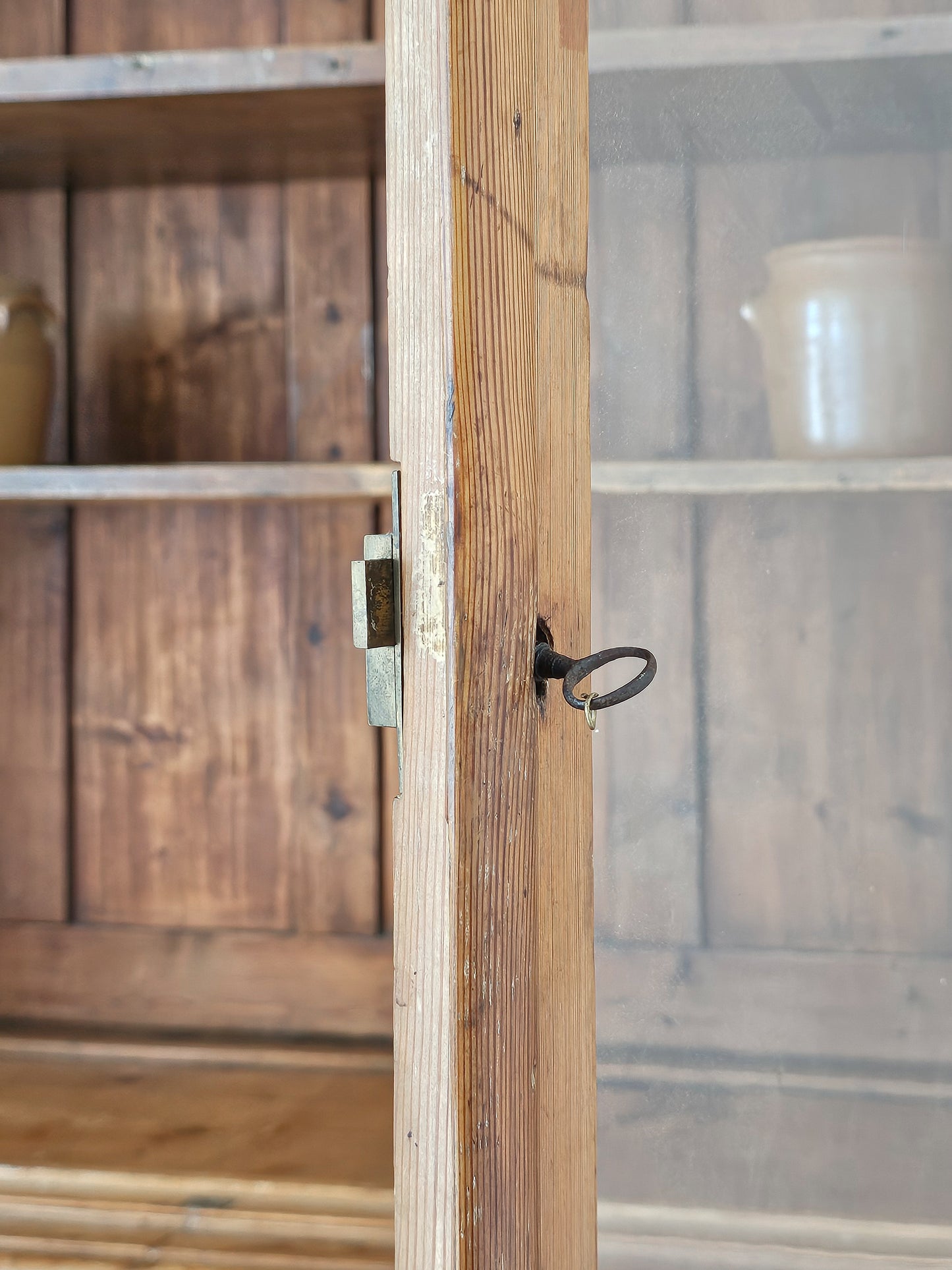 Grand Antique English Pine Cabinet with Glass Doors - Circa 1890