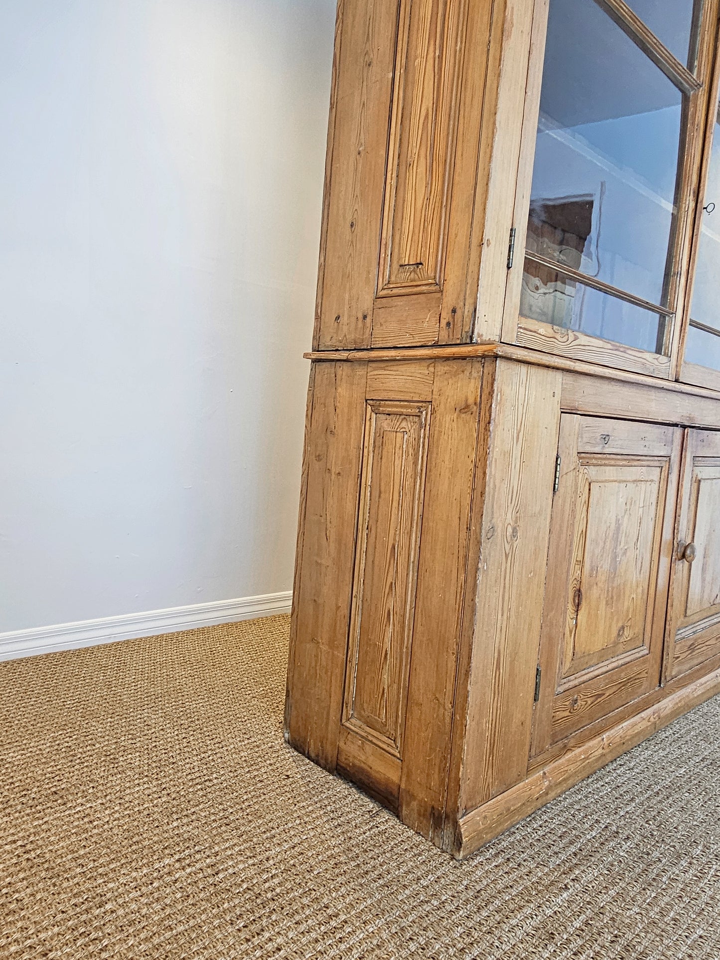 Grand Antique English Pine Cabinet with Glass Doors - Circa 1890