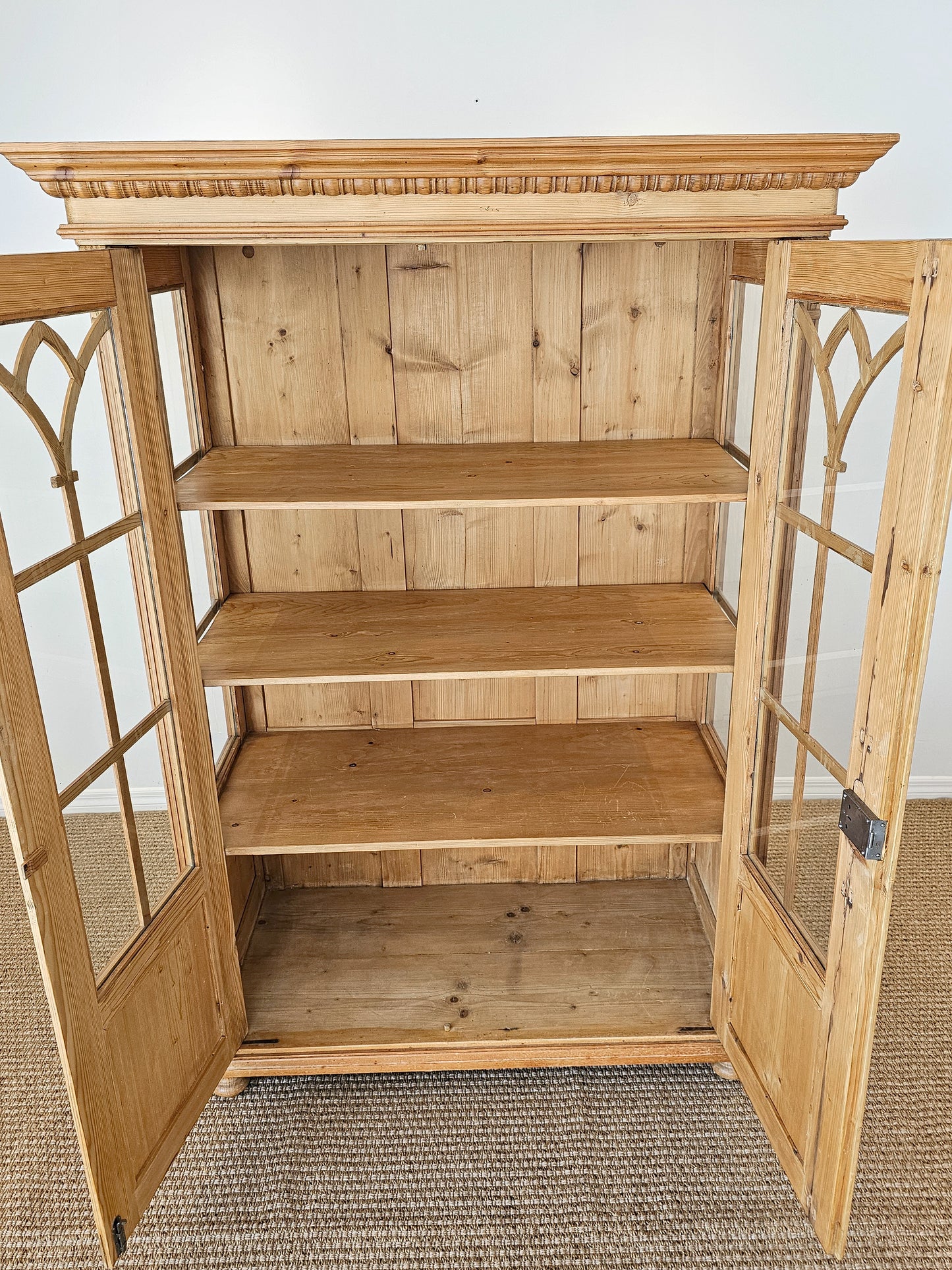 Antique English Pine Display Cabinet with glass doors