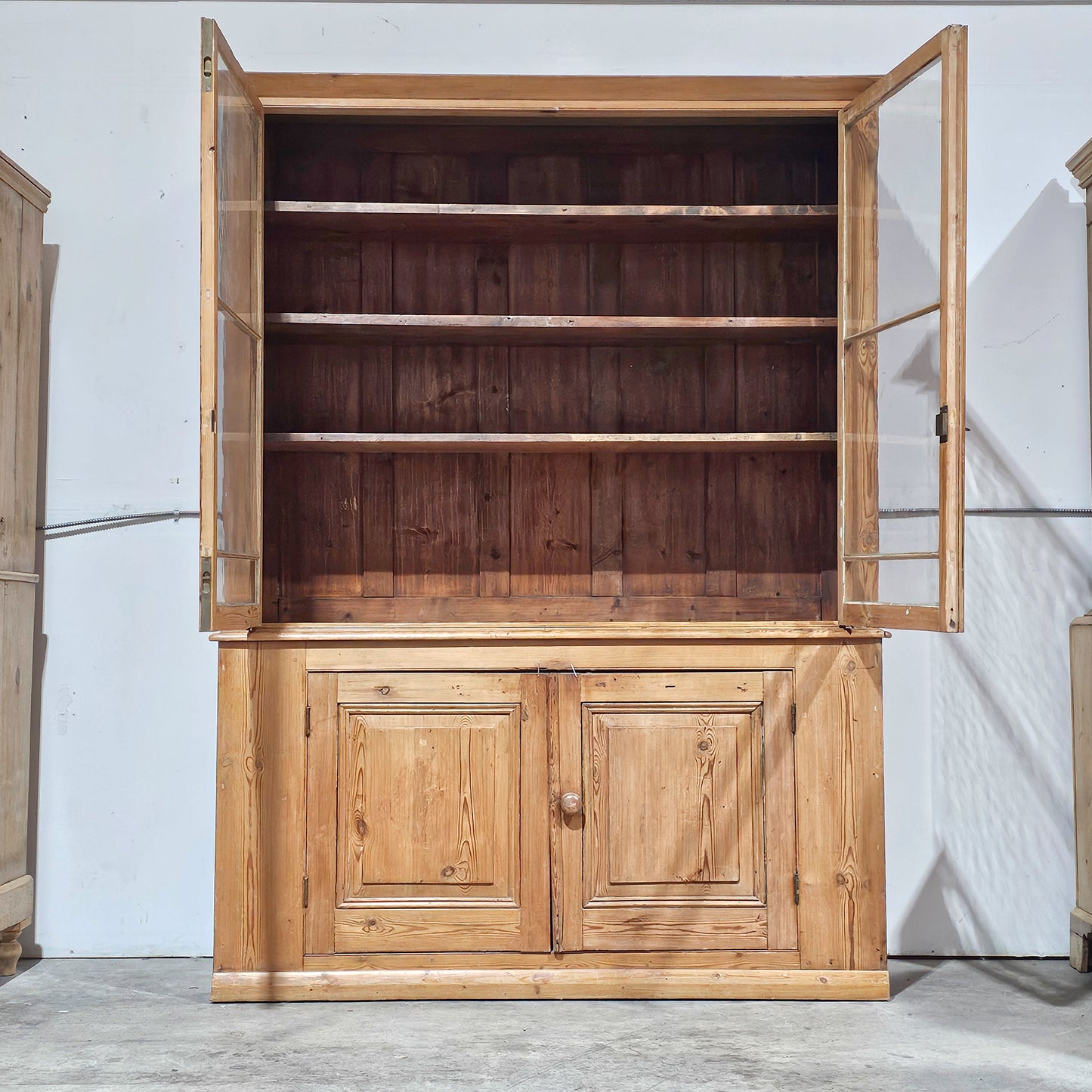Grand Antique English Pine Cabinet with Glass Doors - Circa 1890