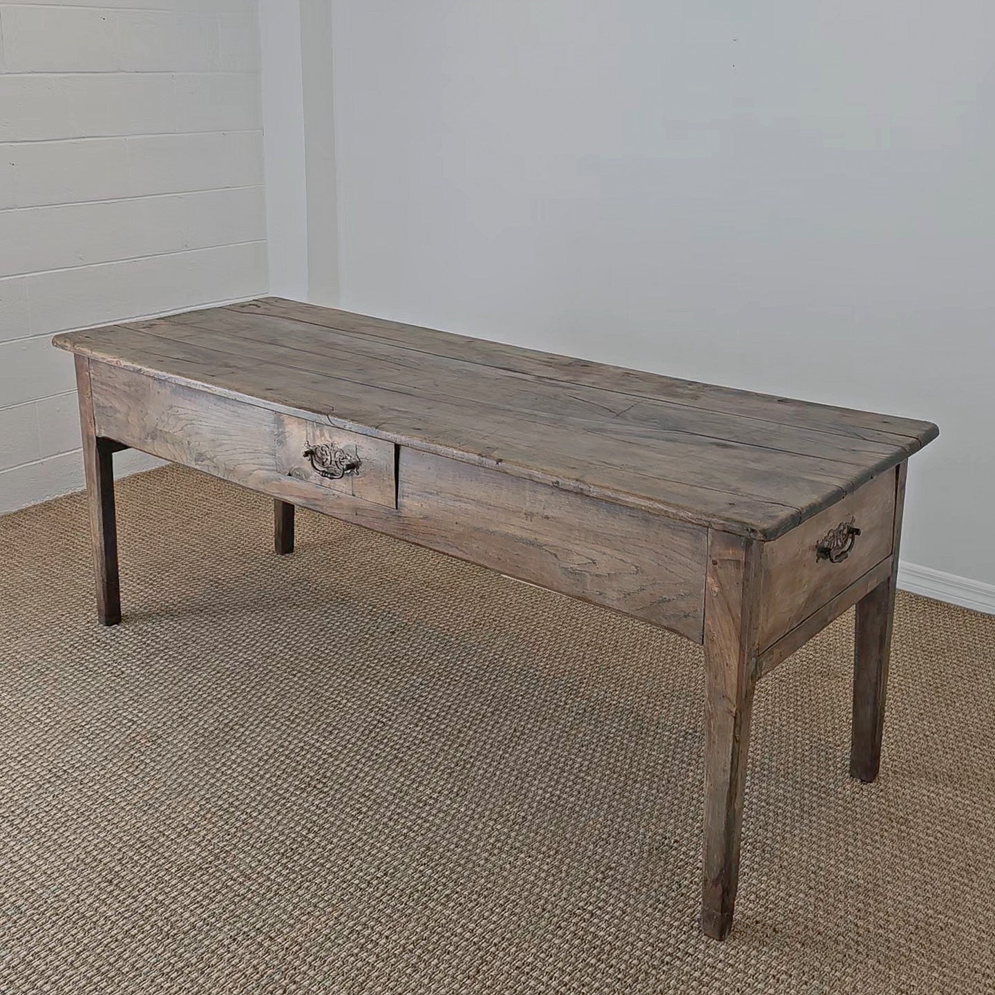 Antique French Elm Farm Dining Table with Drawers - Circa 1870