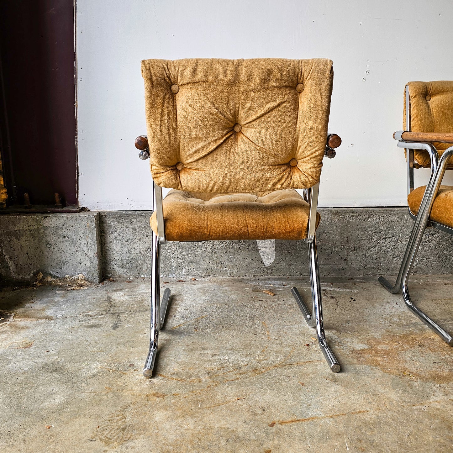 Circa 1970s Chrome & Glass Dining Set with Oak Armchairs 5-Piece Set