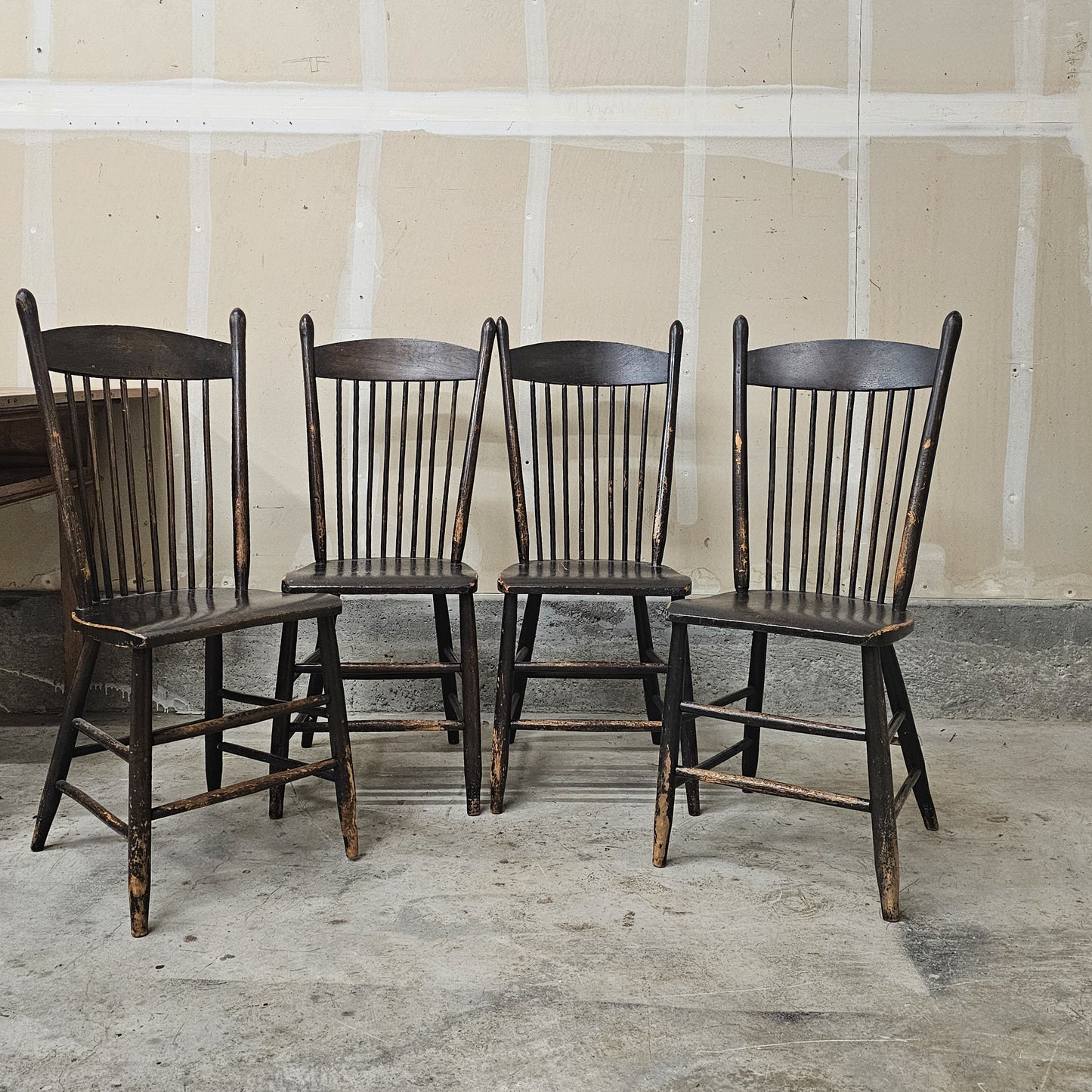 Set of 4 vintage farmhouse spindle-back chairs
