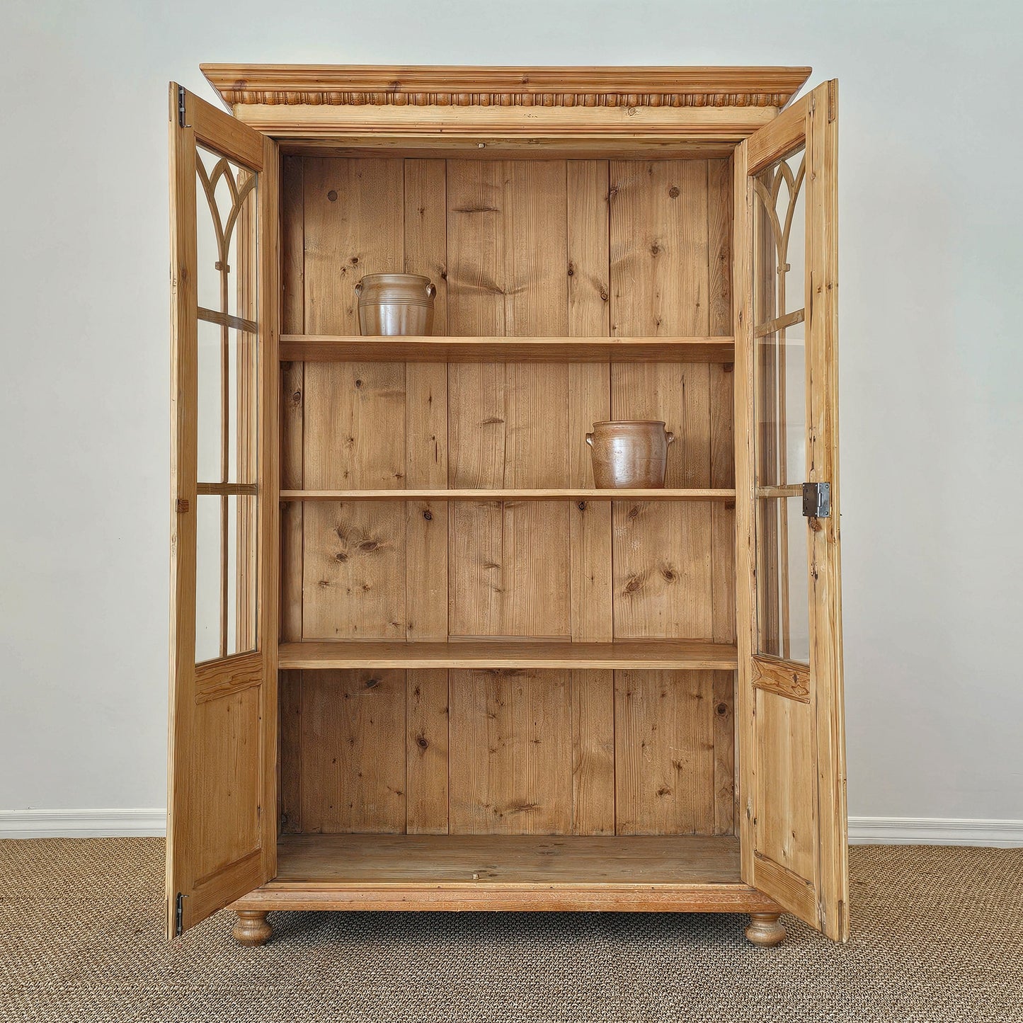 Antique English Pine Display Cabinet with glass doors